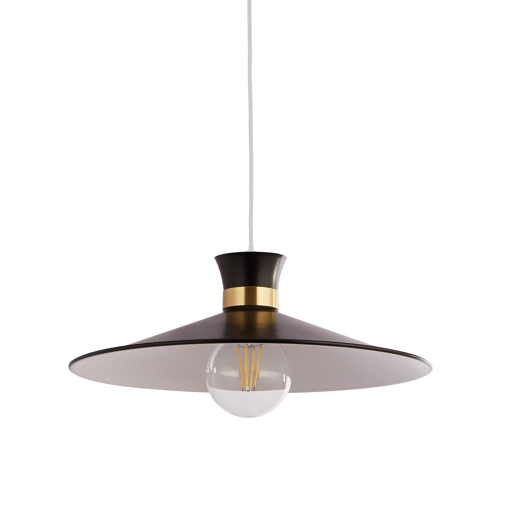 Searchlight Balham pendant light shown from a slightly different angle, matt black shade with brass detailing and an exposed globe bulb