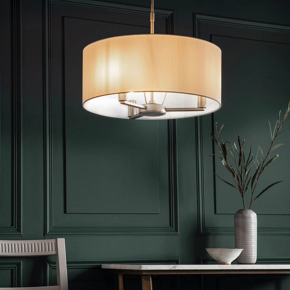 Endon Daley 3 Light Pendant - Matt Nickel & Vintage White Faux Silk