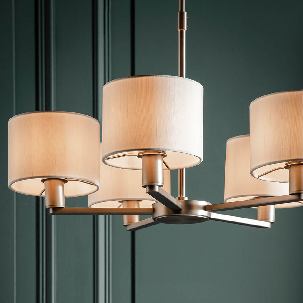 Endon Daley 5 Light Arm Pendant - Matt Nickel & Vintage White Faux Silk