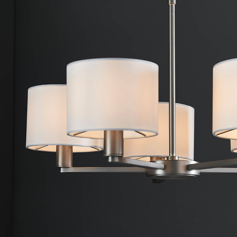 Endon Daley 5 Light Arm Pendant - Matt Nickel & Vintage White Faux Silk