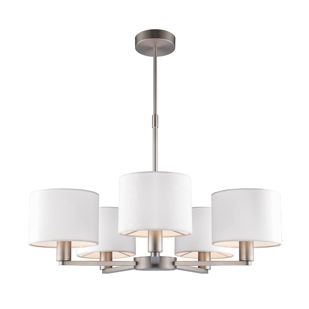 Endon Daley 5 Light Arm Pendant - Matt Nickel & Vintage White Faux Silk