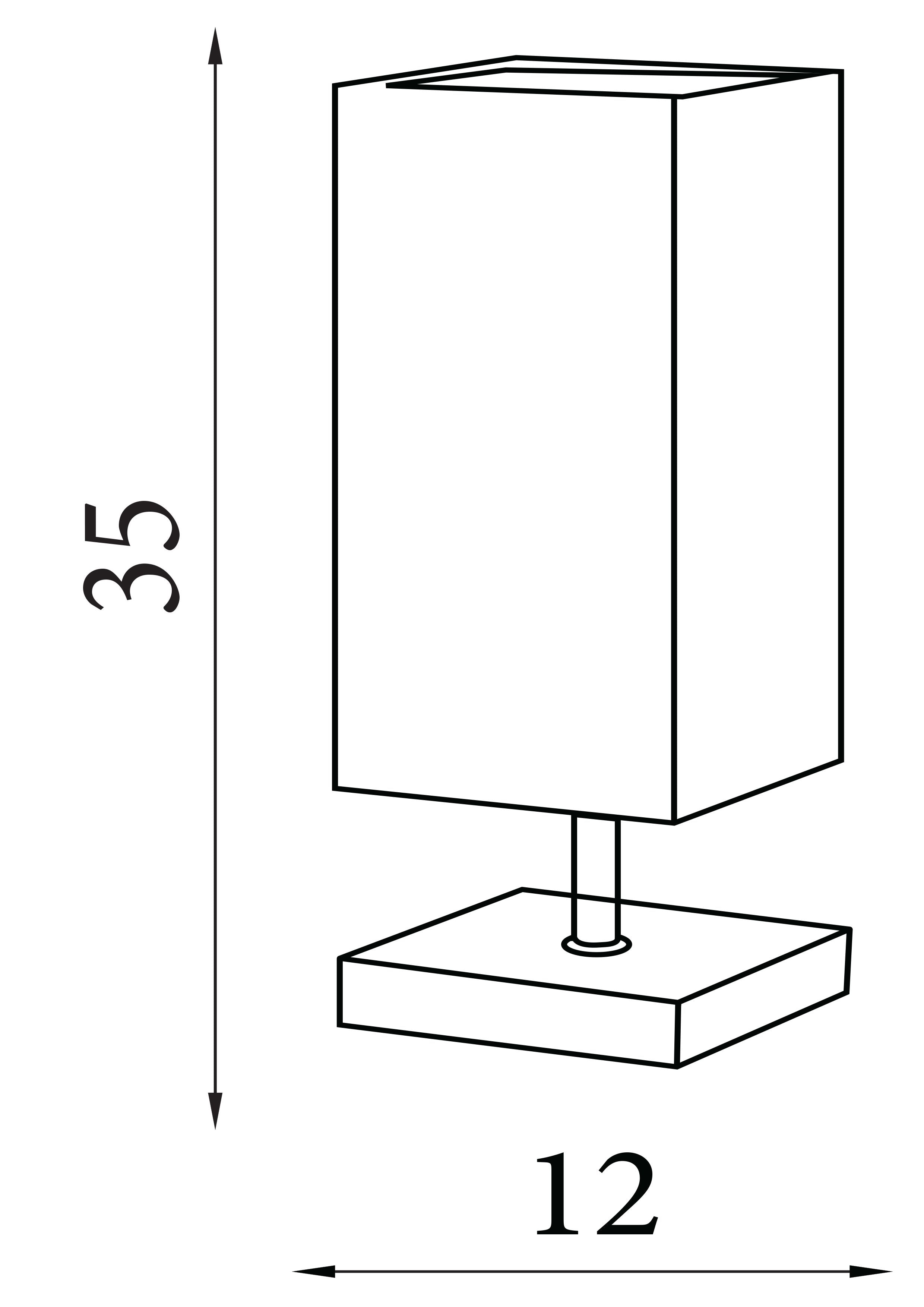 Technical line drawing of the Valley table lamp labelled 35cm high and 12cm wide