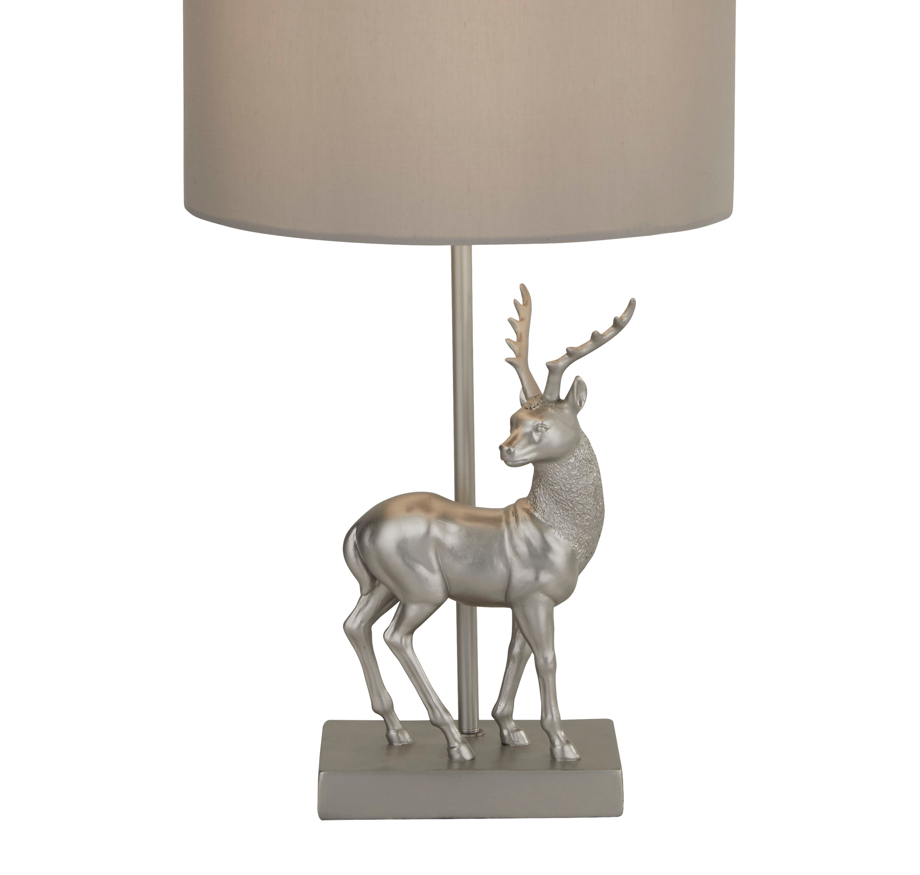 Close up of the silver resin stag figure on the Deer table lamp, showing the antlers and textured neck detail