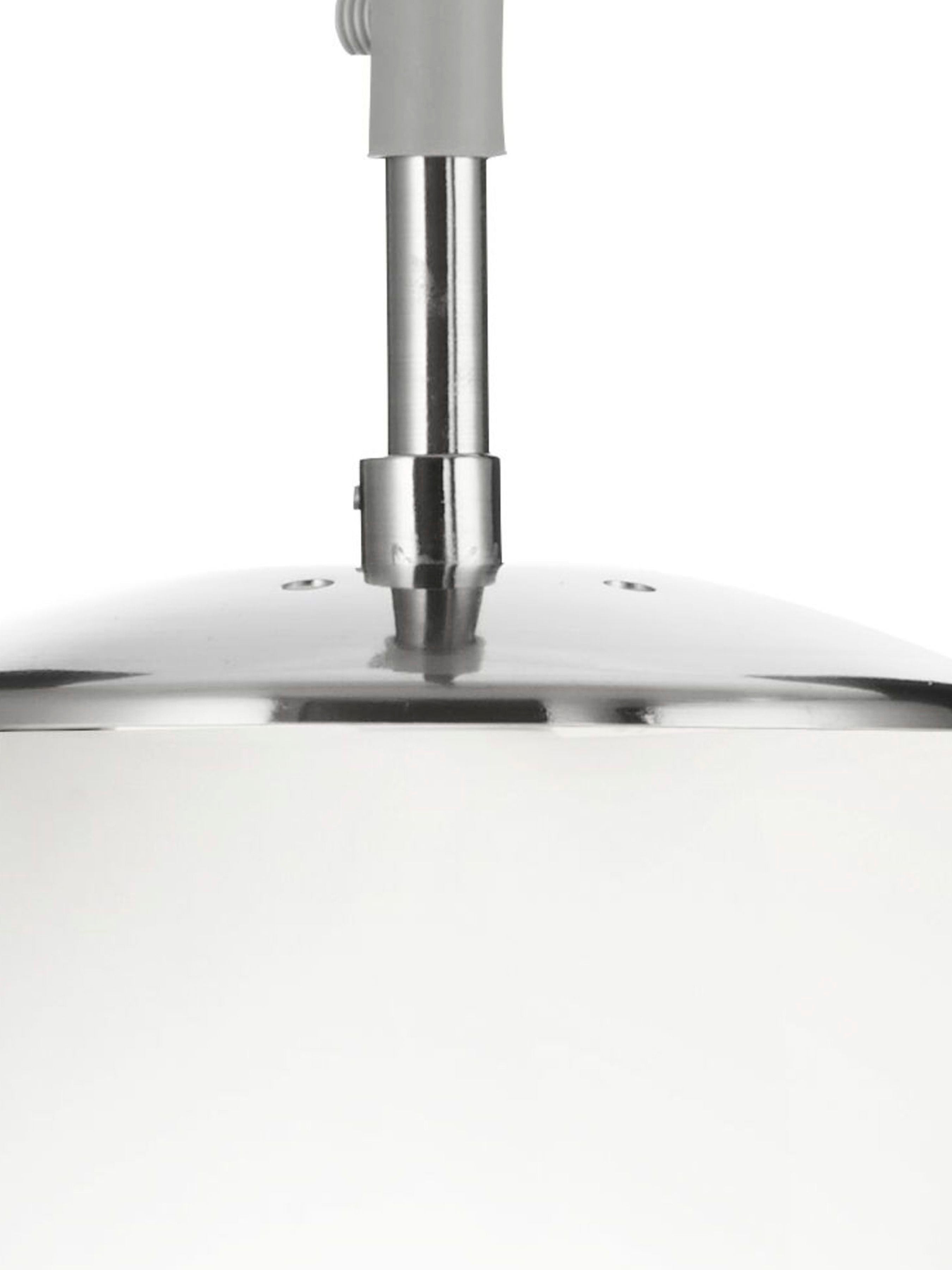 Close up of the satin silver ceiling fitting on the Atom Pendant, showing the cable entry and fixing screws