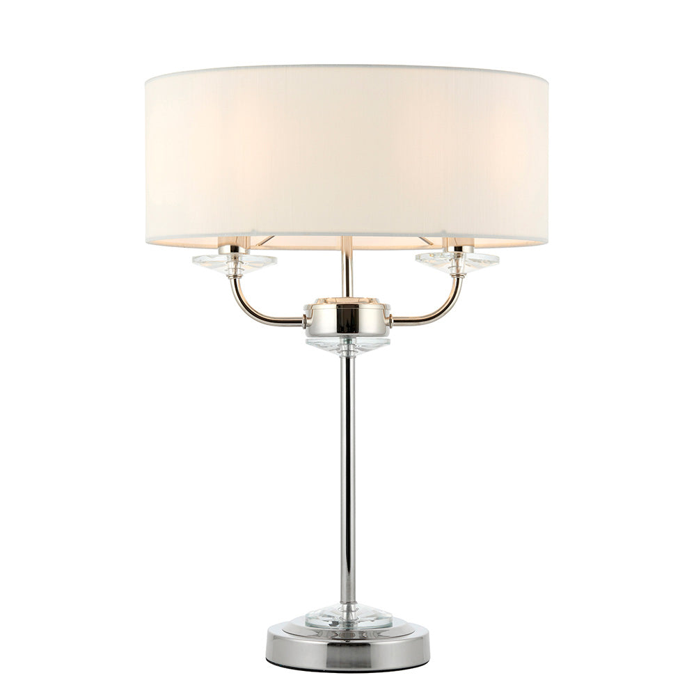 Endon Nixon 2 Light Table Lamp - Bright Nickel Plate & Vintage White Fabric