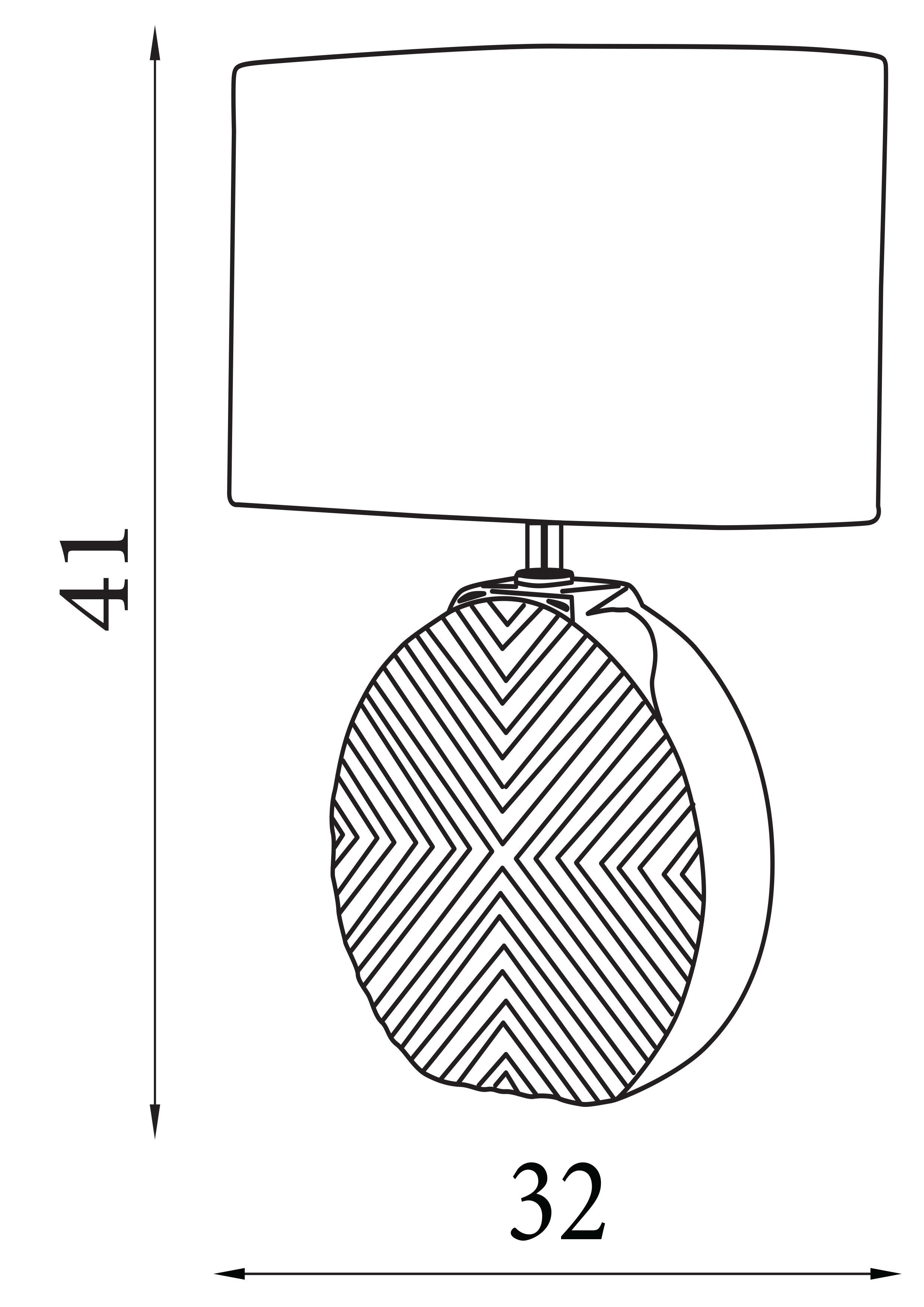 Line drawing showing the Regen table lamp's dimensions, 41cm high and 32cm wide