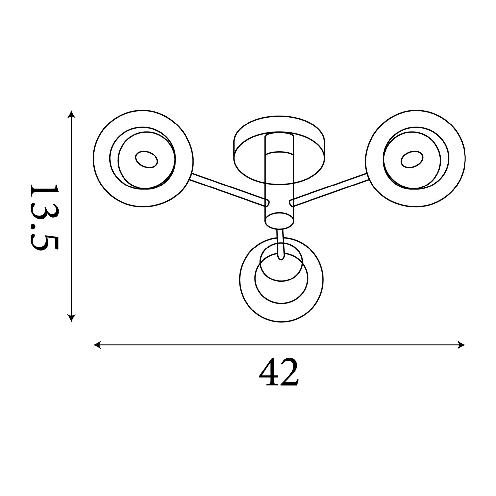 Line drawing of the Searchlight Oscar 3 Light Flush showing dimensions of 13.5cm height and 42cm width