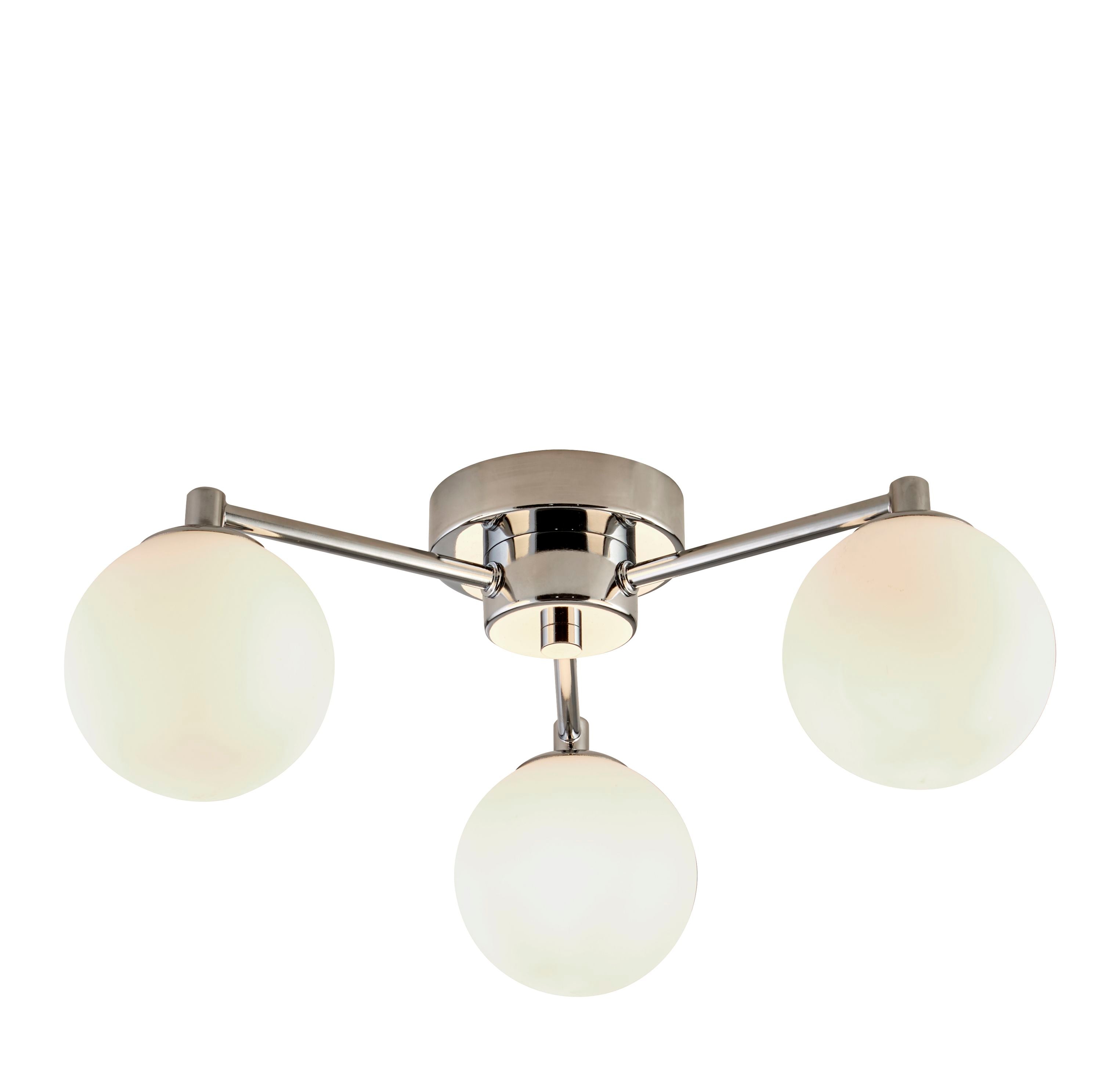 Searchlight Tiberius 3 Light Flush in chrome and white frosted glass, front view on a white background with the globes lit