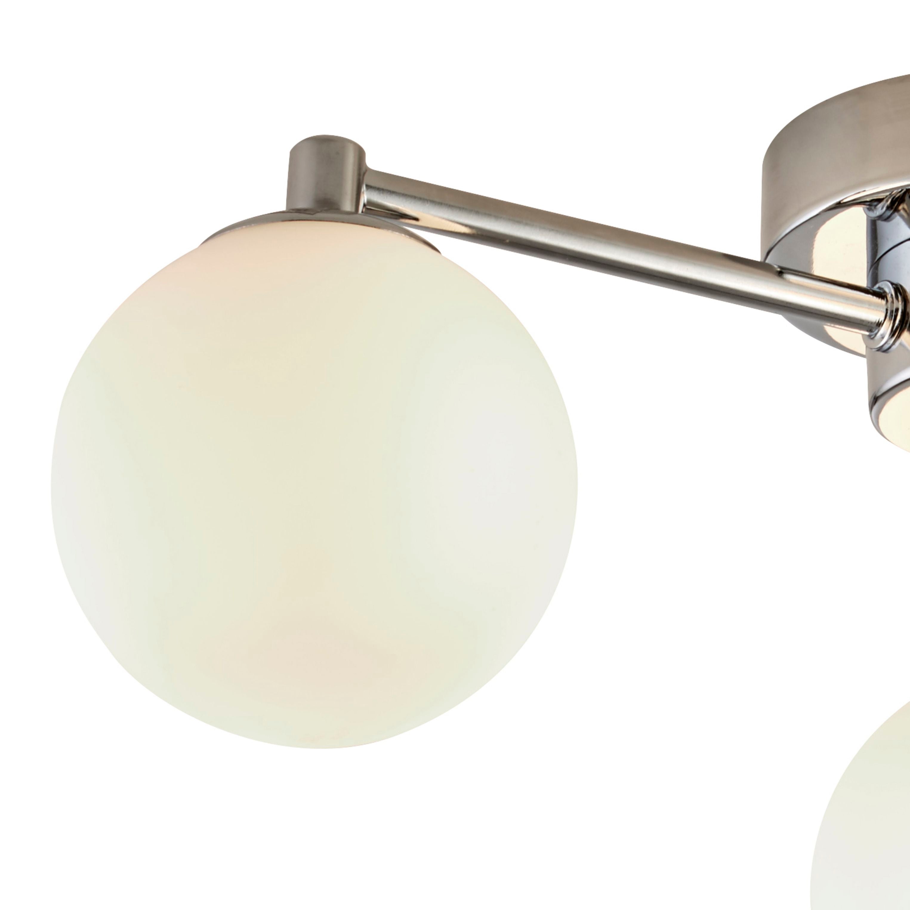 Close up of the Searchlight Tiberius 3 Light Flush showing the chrome fitting and white frosted glass globe