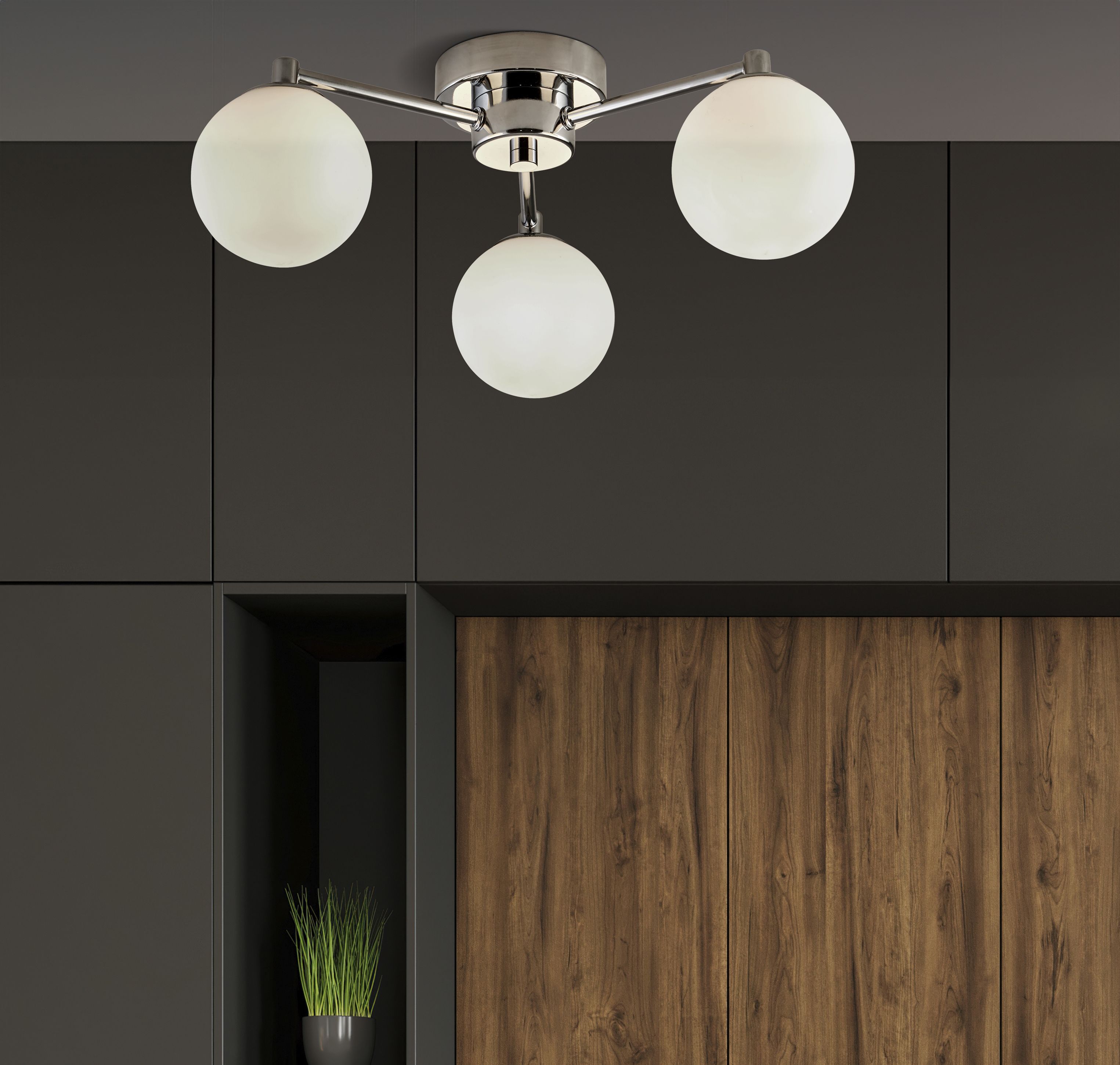 Searchlight Tiberius 3 Light Flush in chrome and white frosted glass styled on a ceiling above dark panelling and a house plant