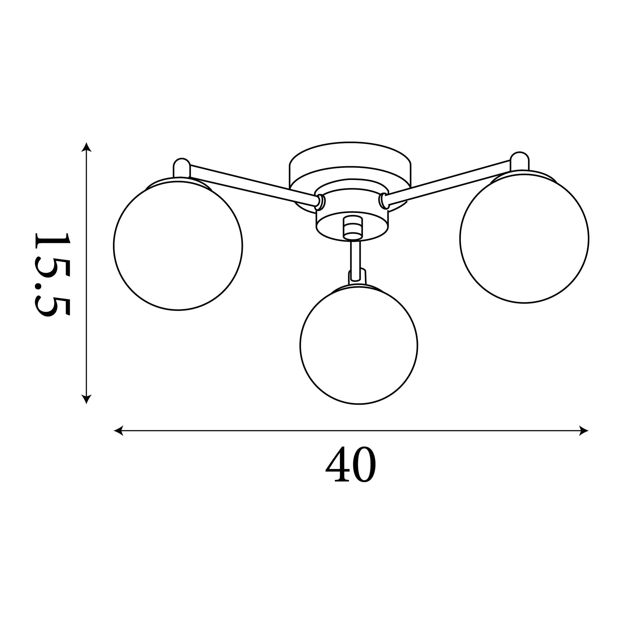Line drawing of the Searchlight Tiberius 3 Light Flush showing dimensions of 15.5cm height and 40cm width