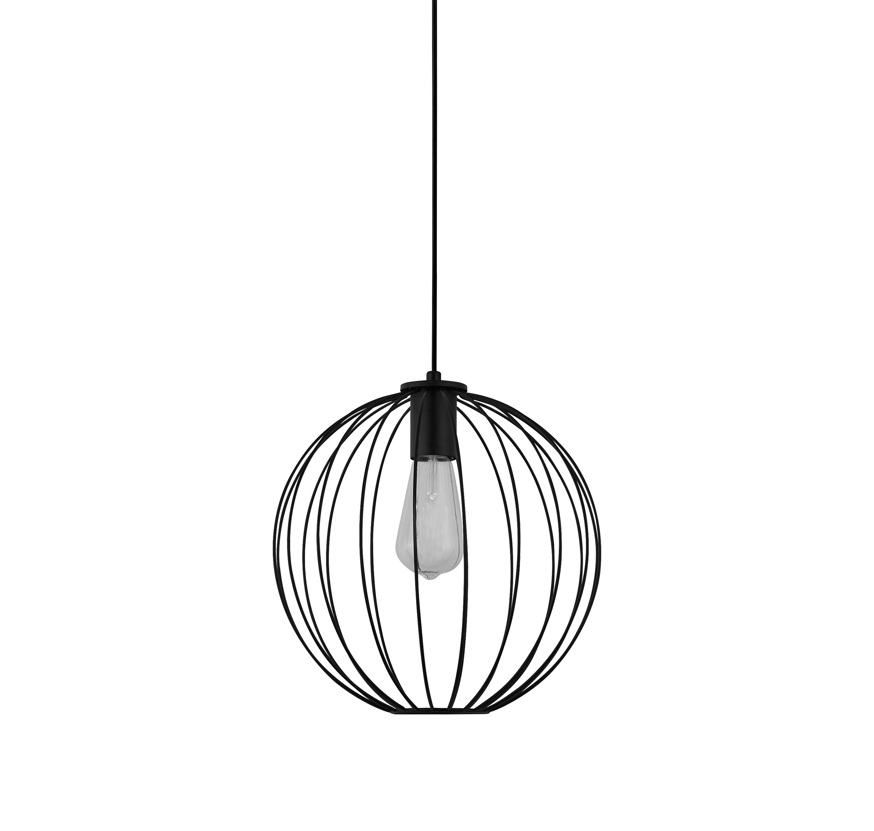 Searchlight Rondo pendant light shown from a slightly different angle, wire cage globe shade in matt black with the filament bulb glowing softly