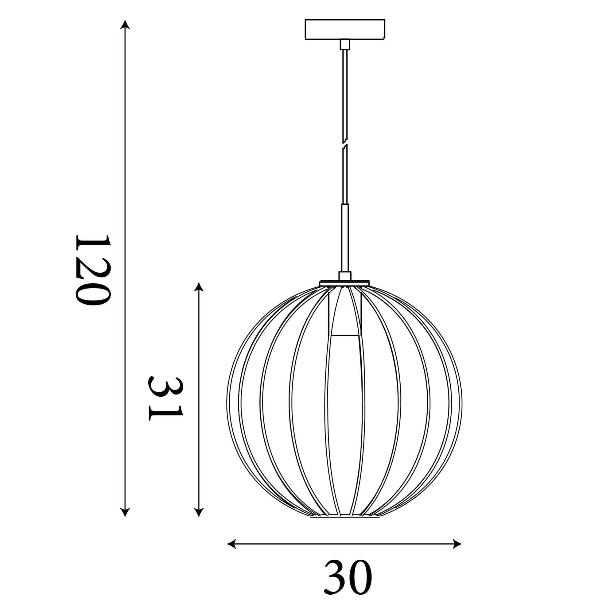 Technical line drawing of the Searchlight Rondo pendant showing a 30cm shade width, 31cm shade height, and a 120cm total drop