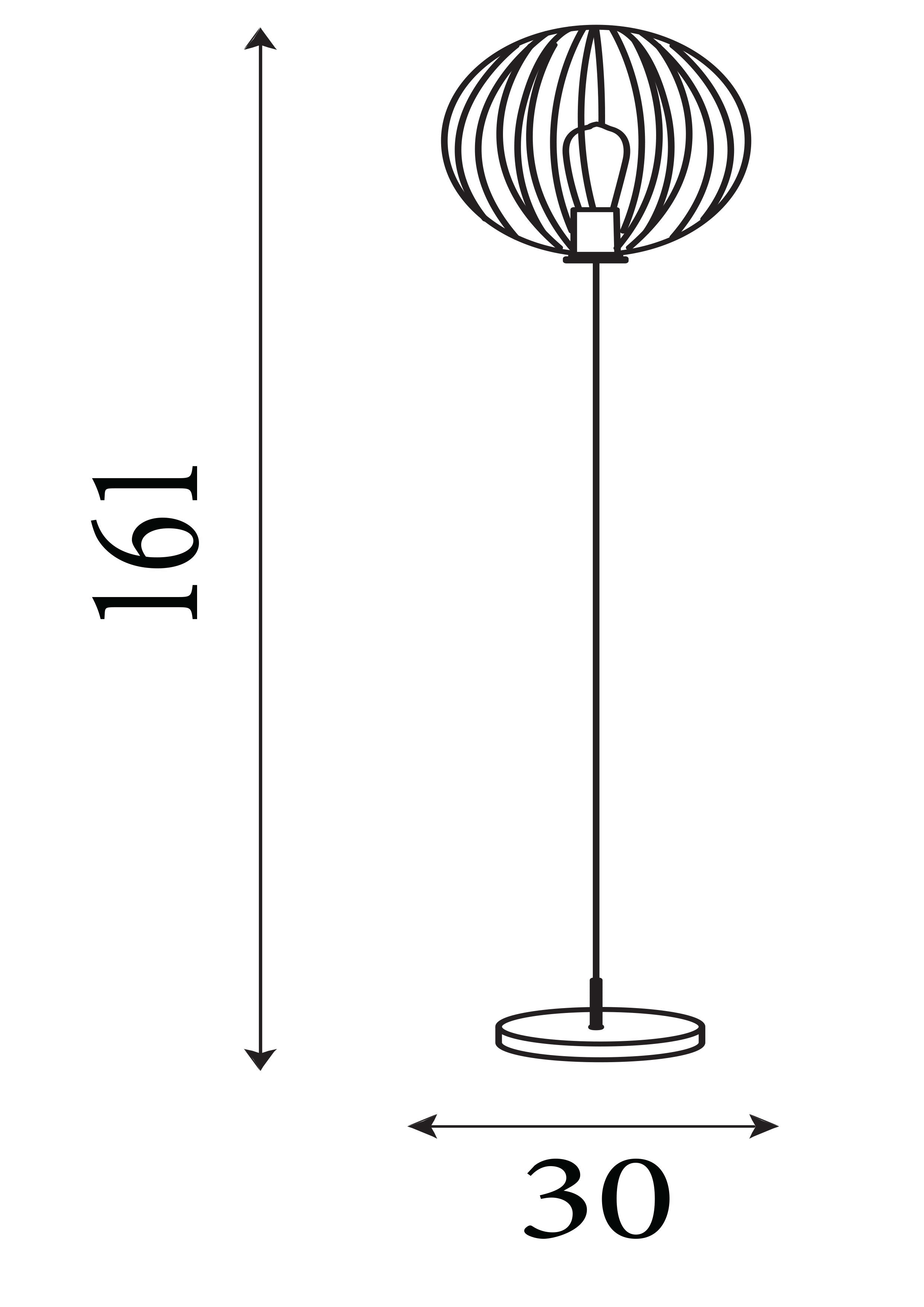 Line drawing of the Rondo floor lamp showing dimensions of 161cm high and 30cm wide