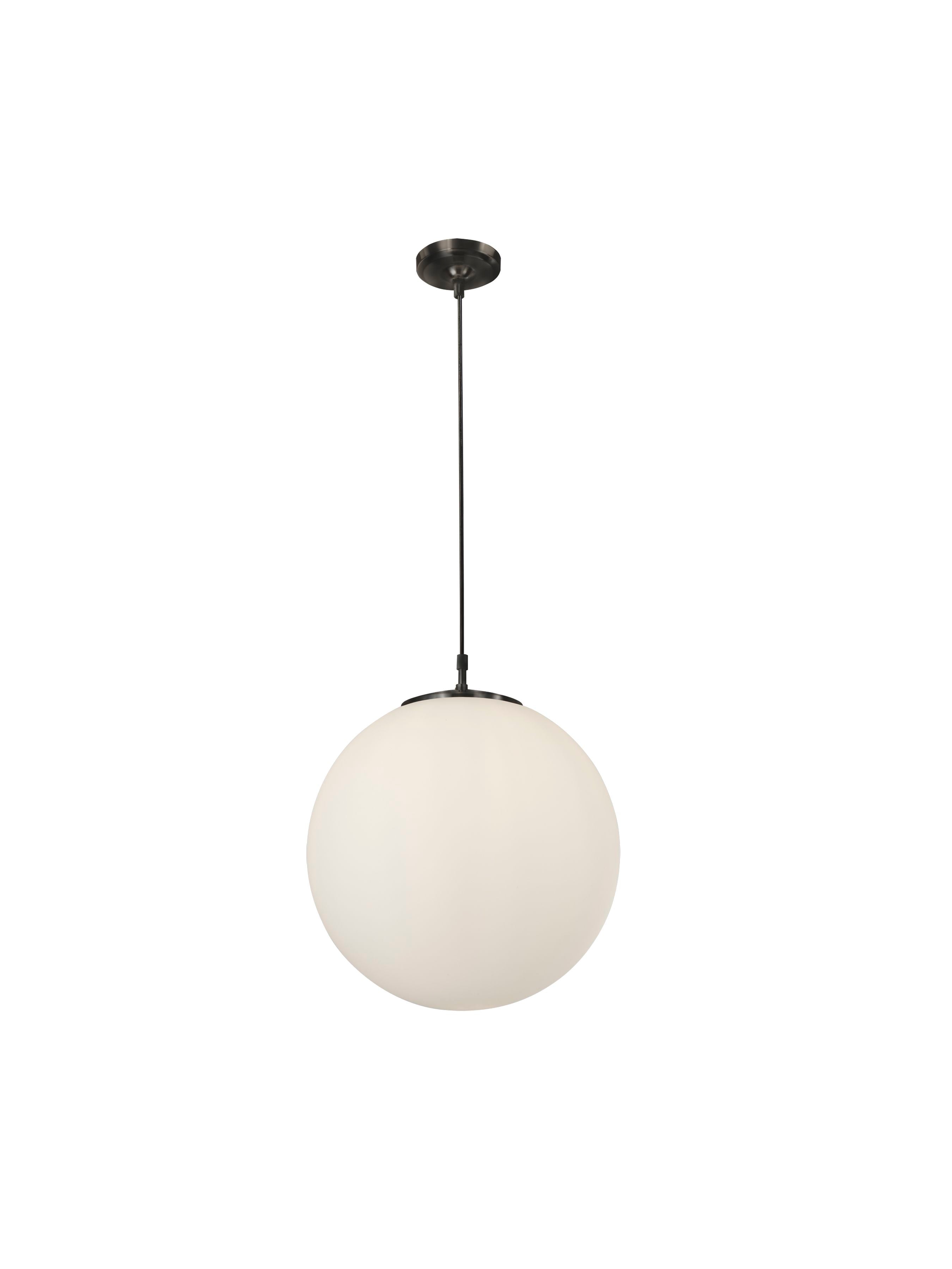 Searchlight Atom pendant in black metal and opal glass, full length studio shot showing the ceiling rose, drop rod and glass globe shade