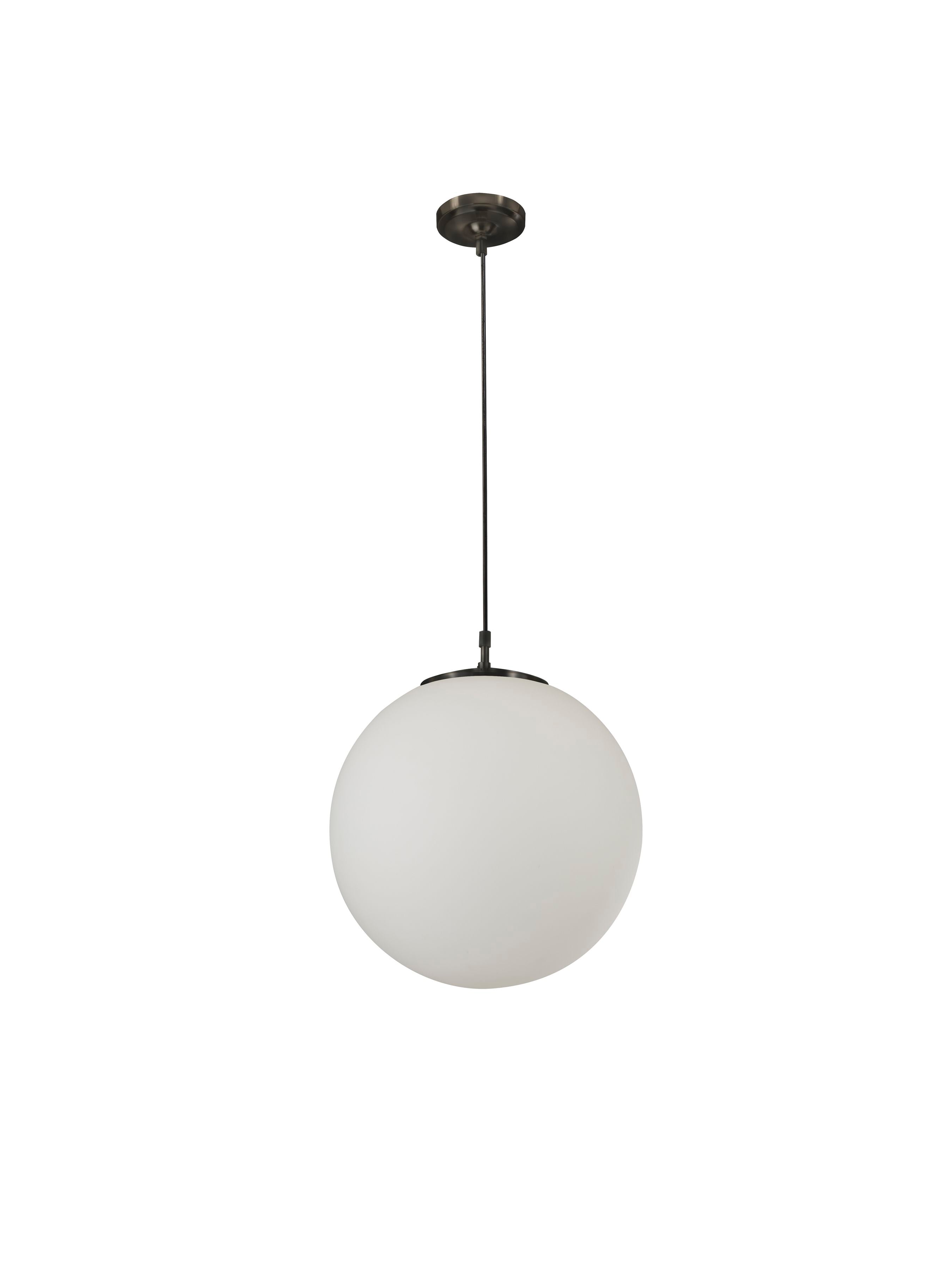 Searchlight Atom pendant in black metal and opal glass, straight on studio shot showing the globe shade suspended from its black rod and ceiling plate