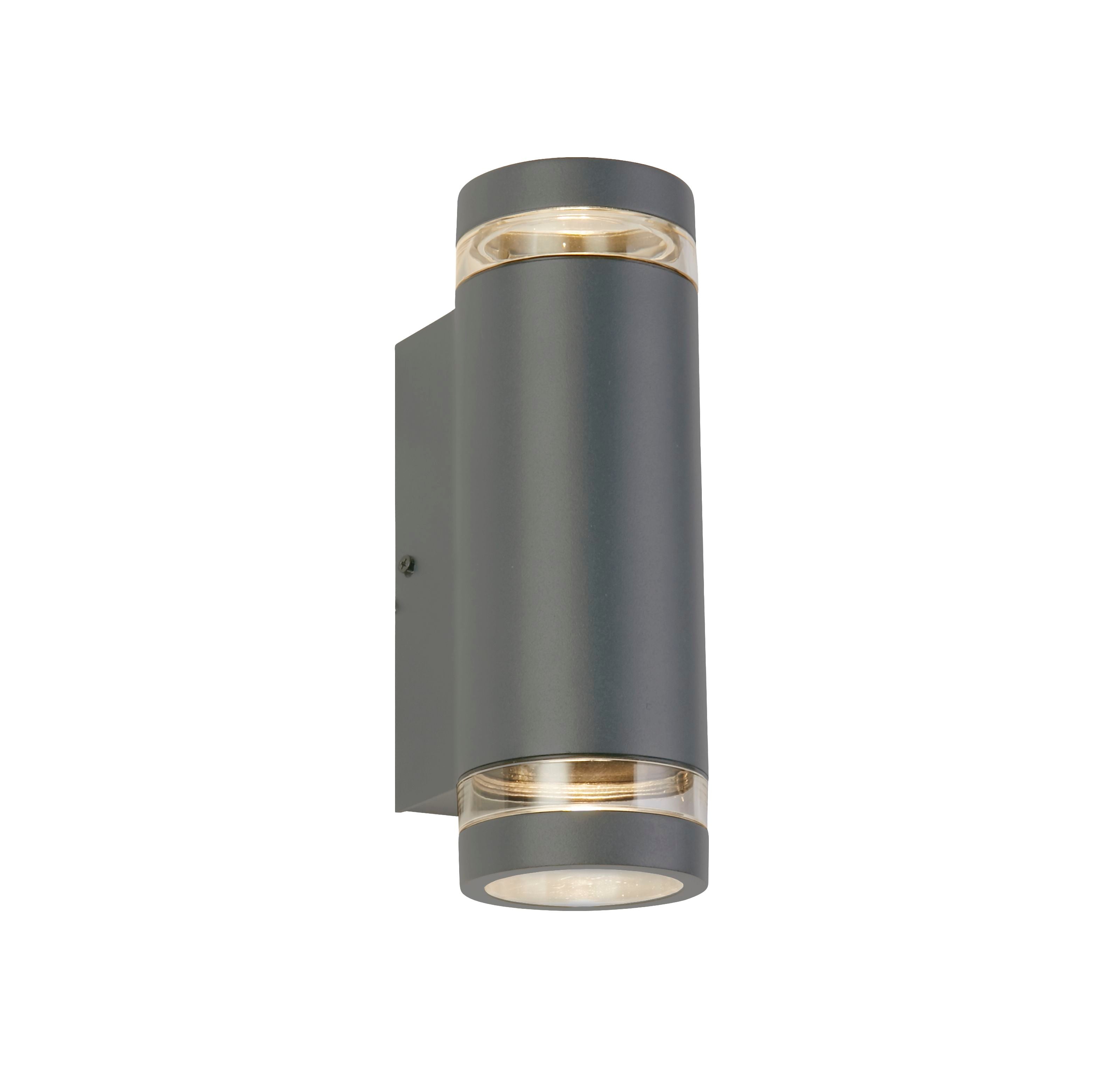 Searchlight Austin grey cylindrical outdoor wall light on a white background, showing the clear lens rings at the top and bottom glowing softly