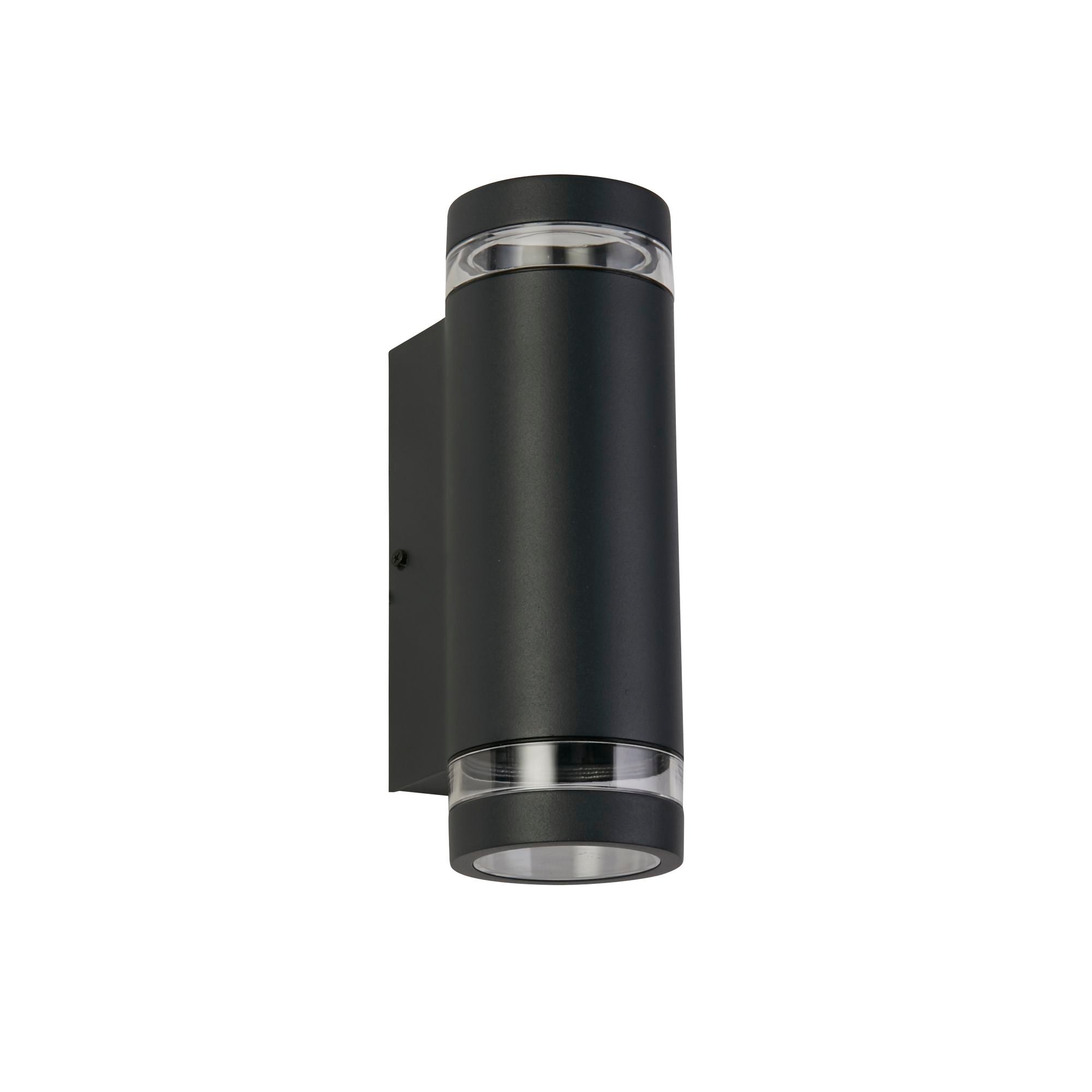 Searchlight Austin outdoor wall light on a white background shown in a dark charcoal tone, with the clear lens ring glowing at the base