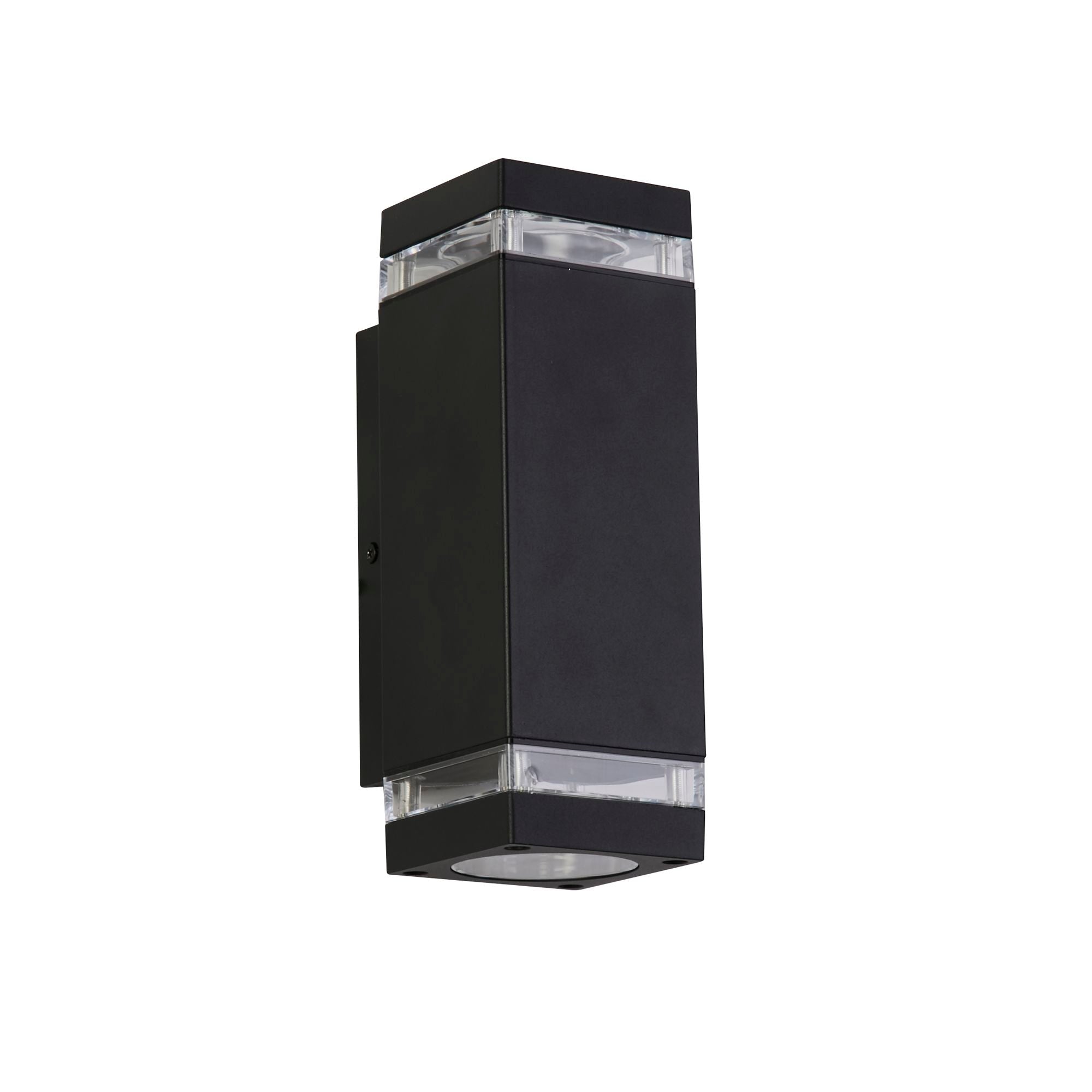 Searchlight Houston black outdoor wall light, angled studio view showing the side wall mounting plate and screw fixing