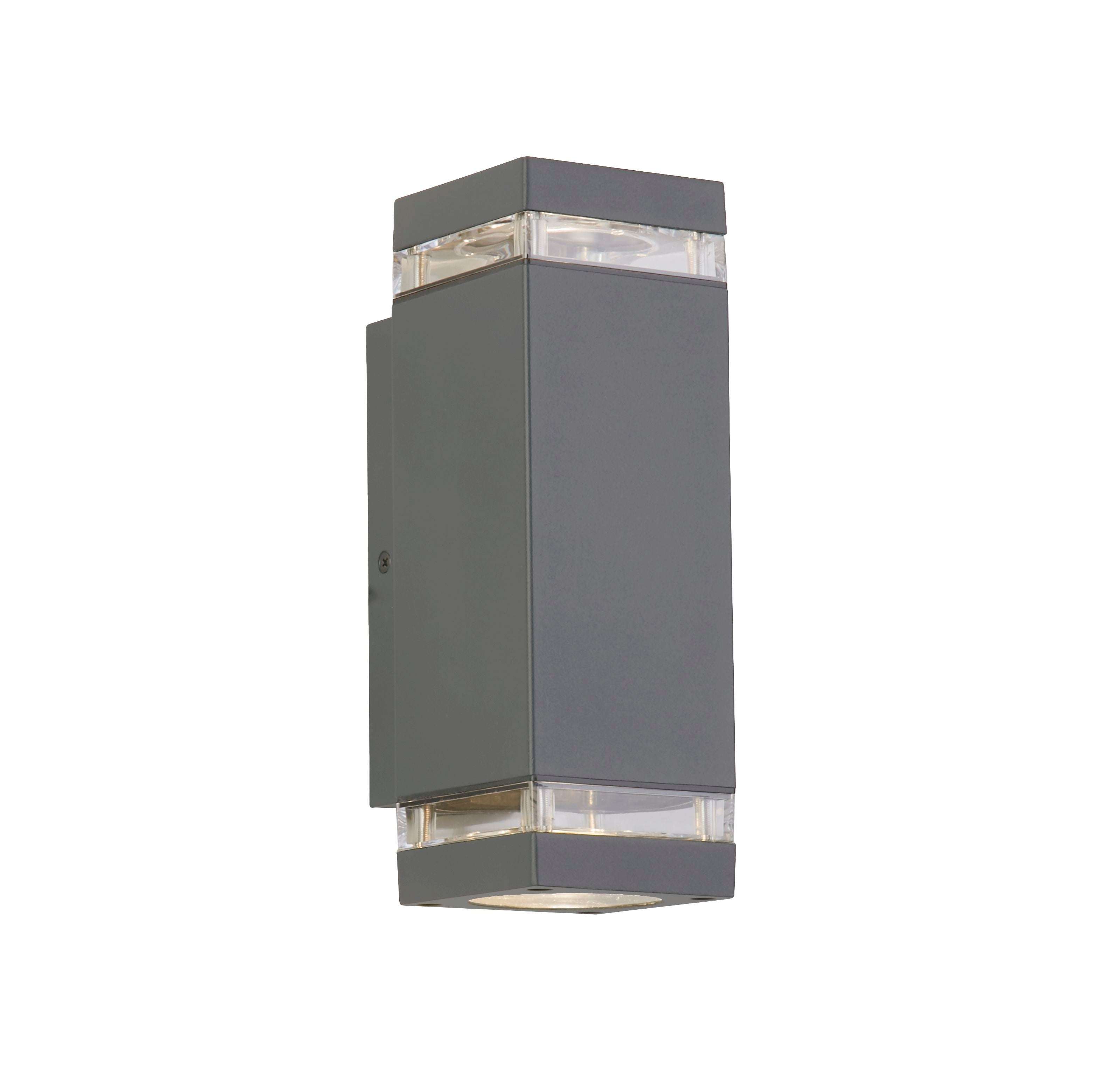 Searchlight Houston grey aluminium outdoor wall light, angled studio view showing the square profile and clear lens strips top and bottom