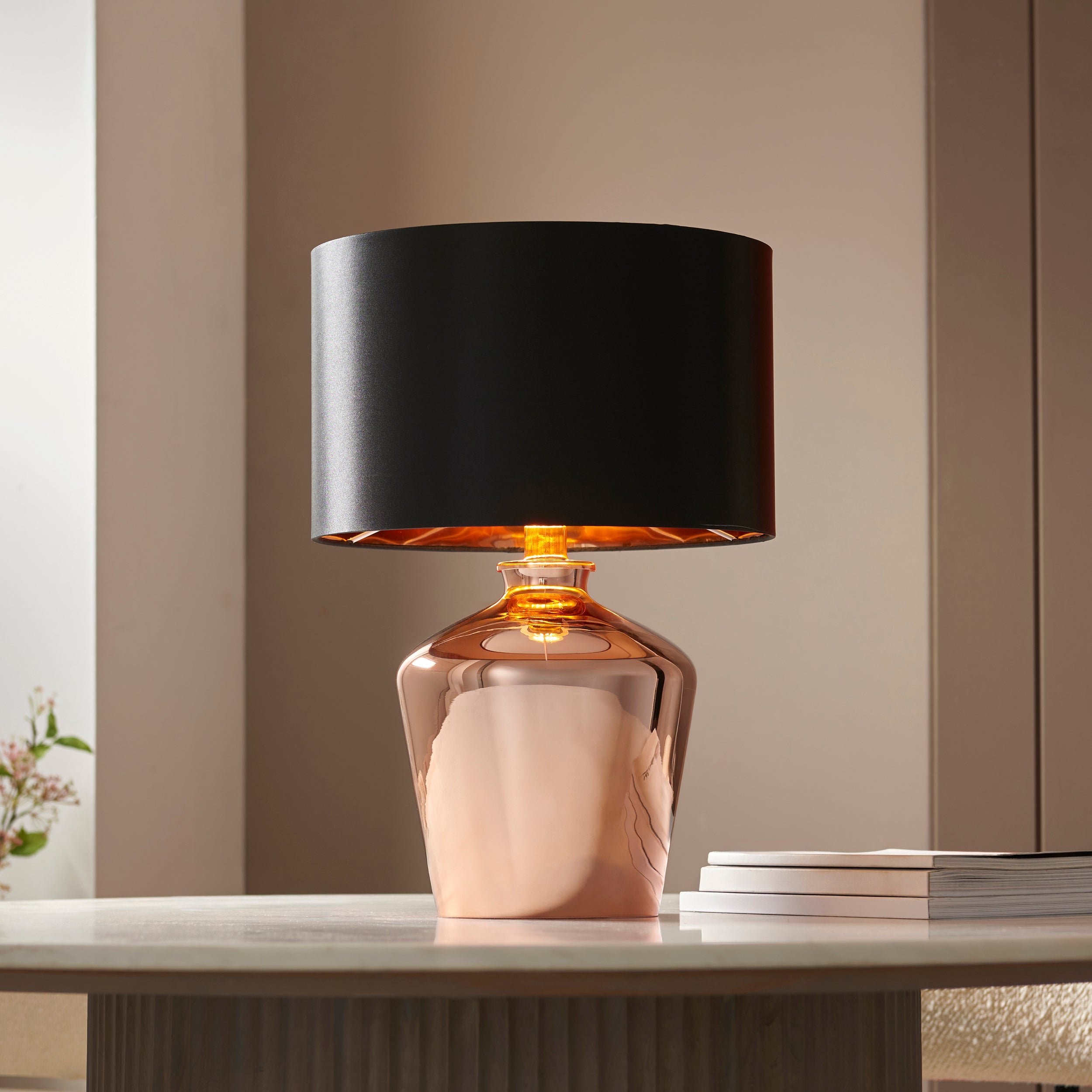 Endon Waldorf Single Light Table Lamp - Copper Glass & Black Fabric