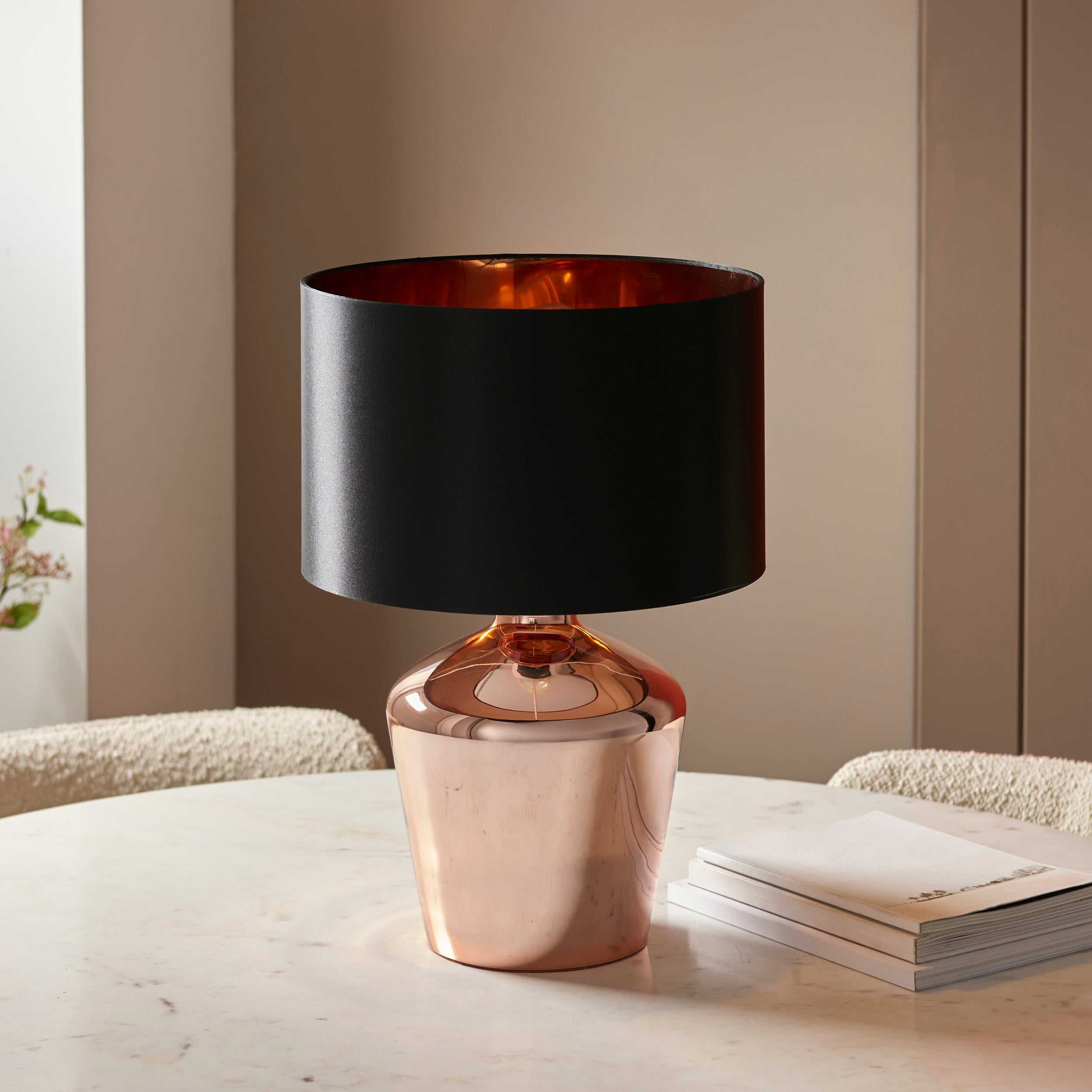 Endon Waldorf Single Light Table Lamp - Copper Glass & Black Fabric