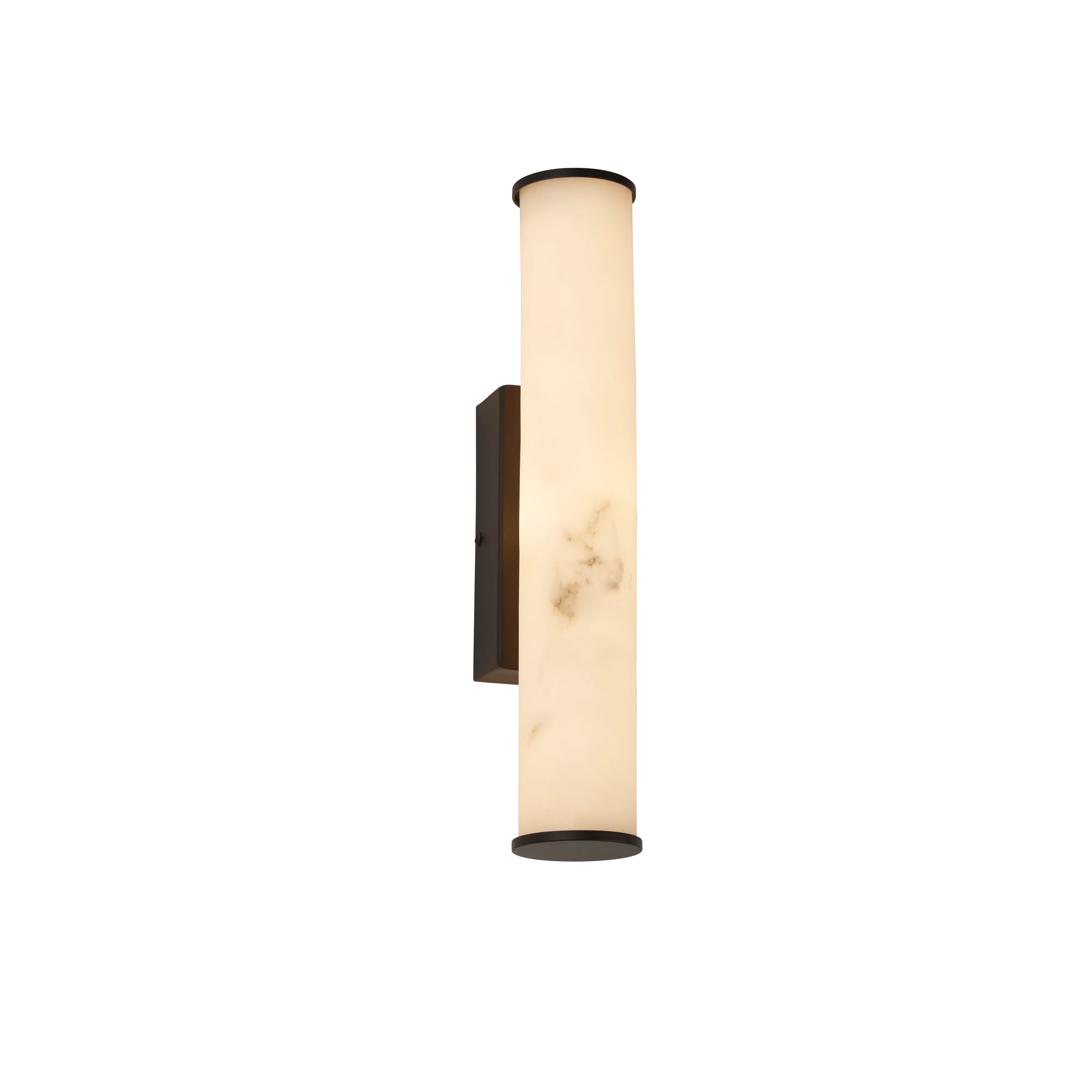 Searchlight Wales cylindrical LED wall light in matt black with marble effect resin tube, angled studio shot
