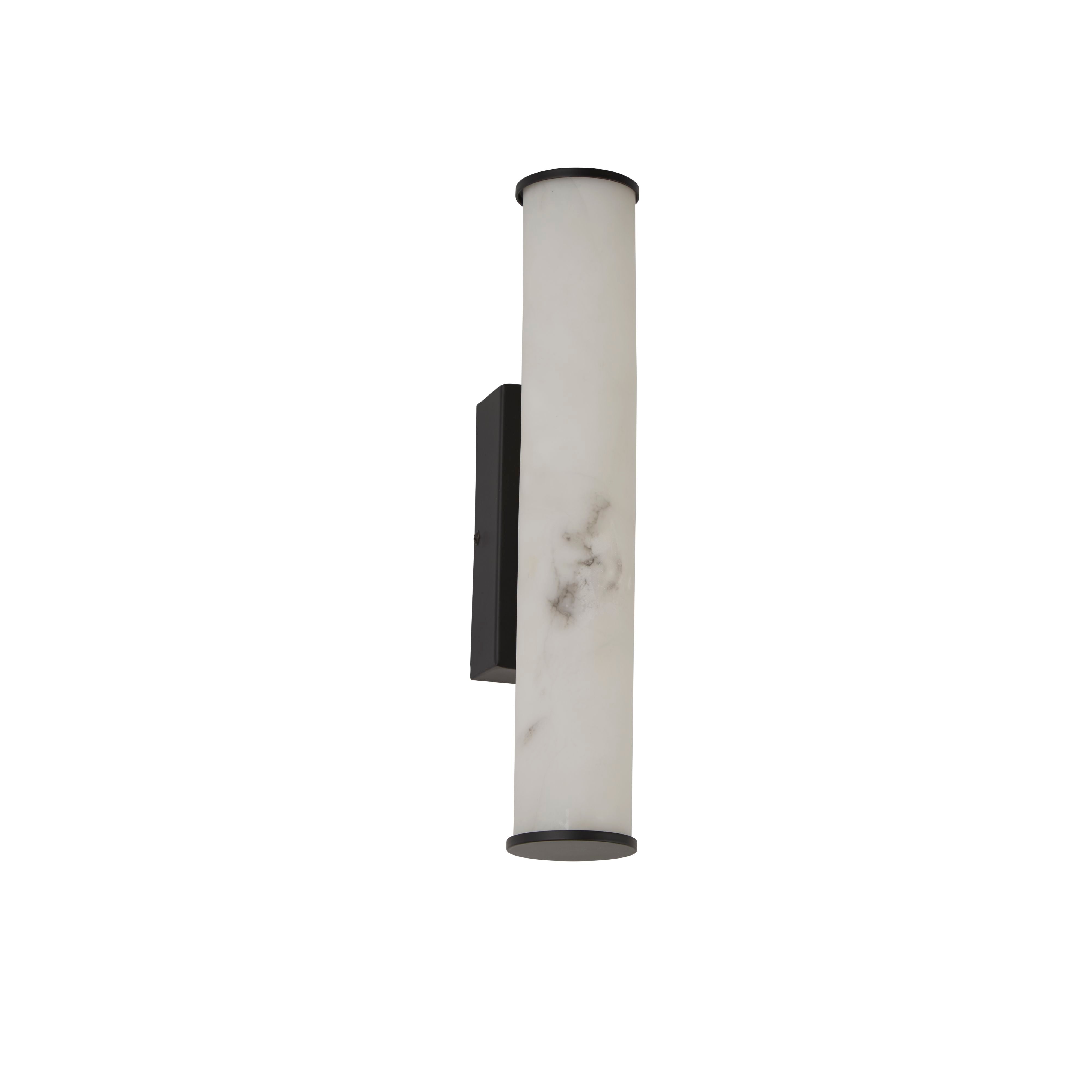 Searchlight Wales cylindrical LED wall light in matt black with marble effect resin tube, straighter front angle