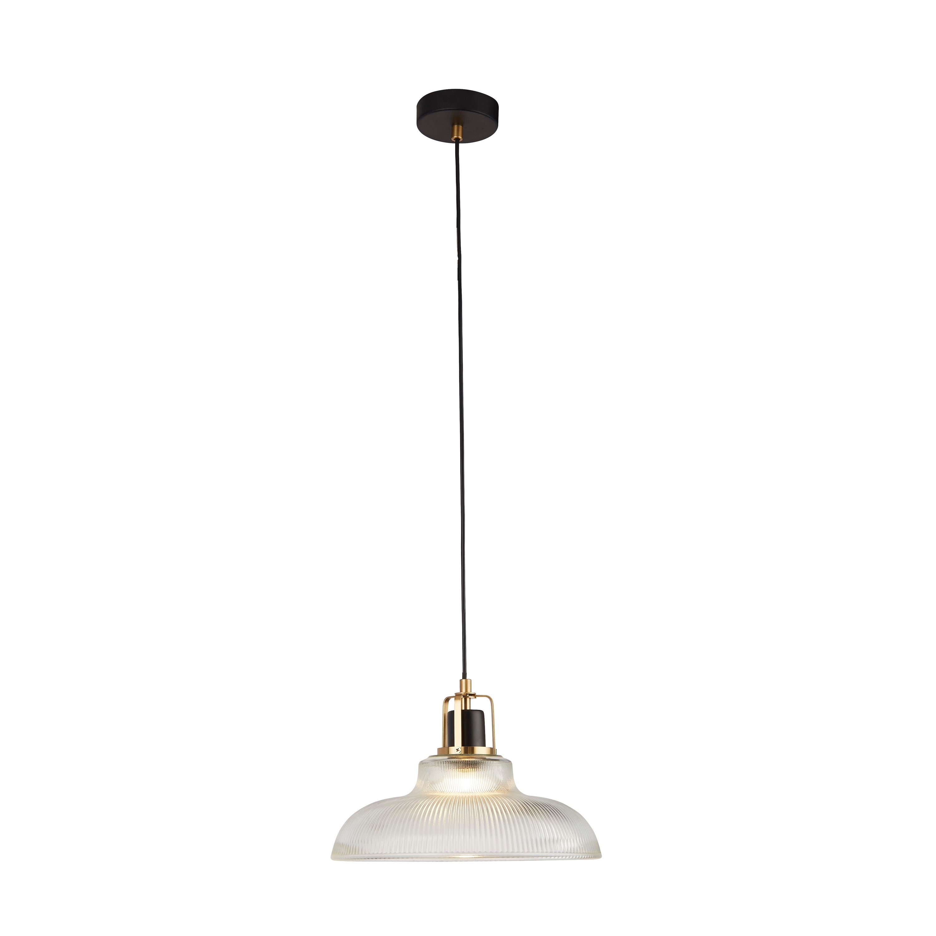 Searchlight Glossop Pendant in ribbed glass with black and brass fittings, studio shot