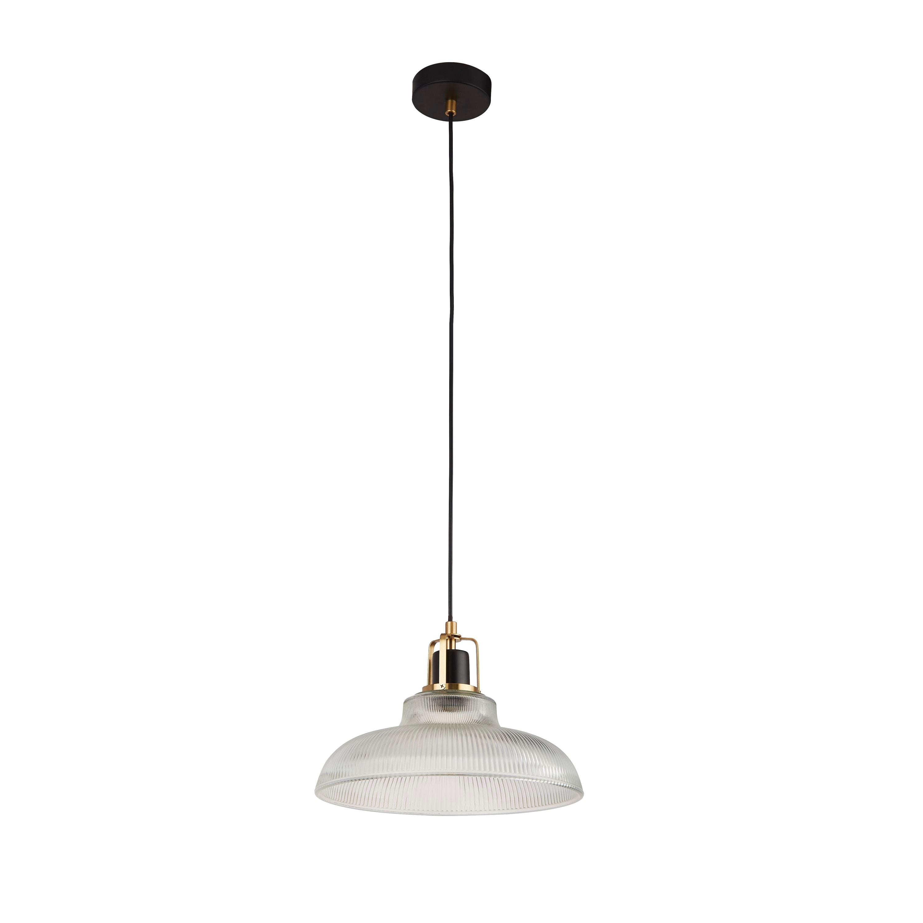 Searchlight Glossop Pendant in ribbed glass with black and brass fittings, studio shot - view 2