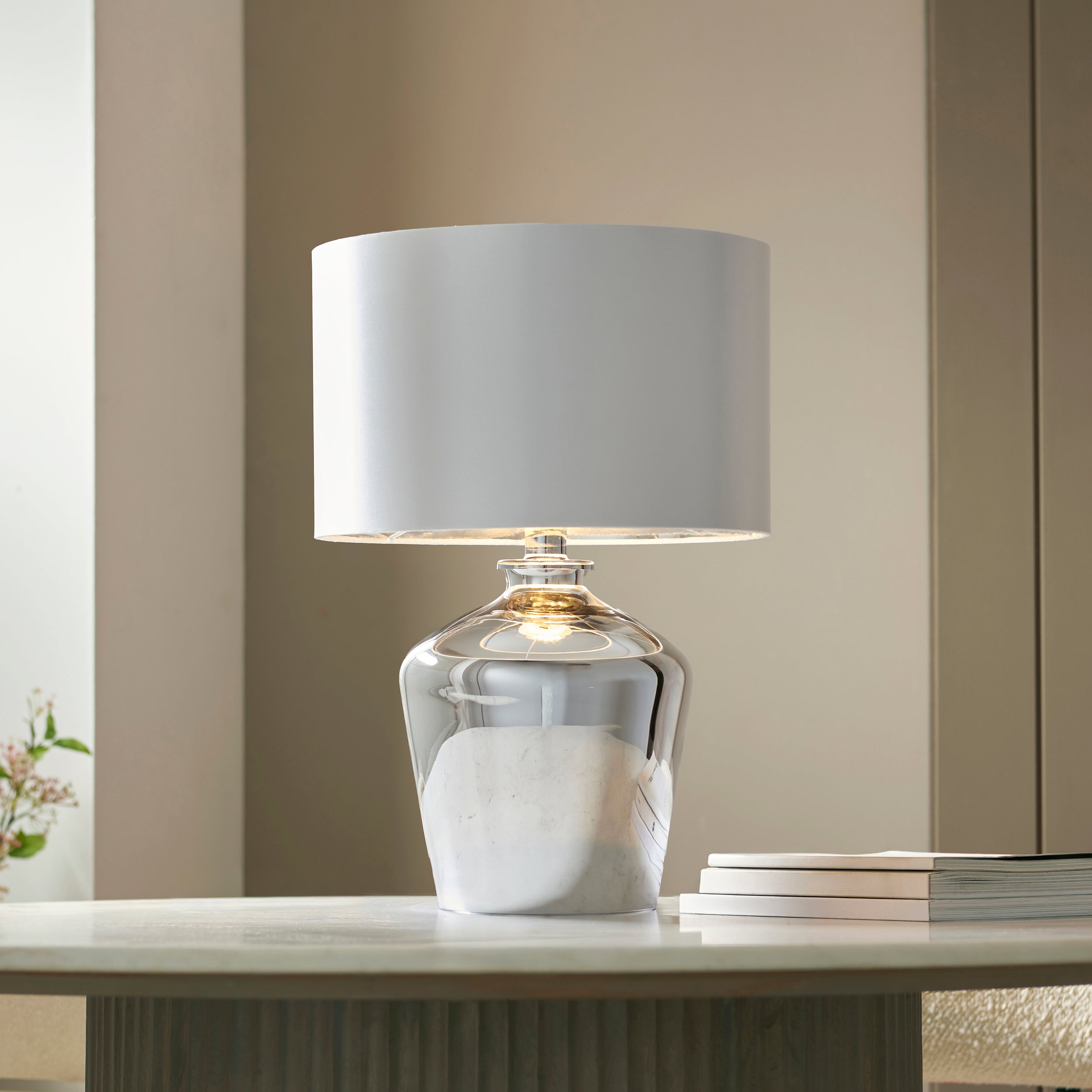 Endon Waldorf Single Light Table Lamp - Chrome Glass & Ivory Fabric