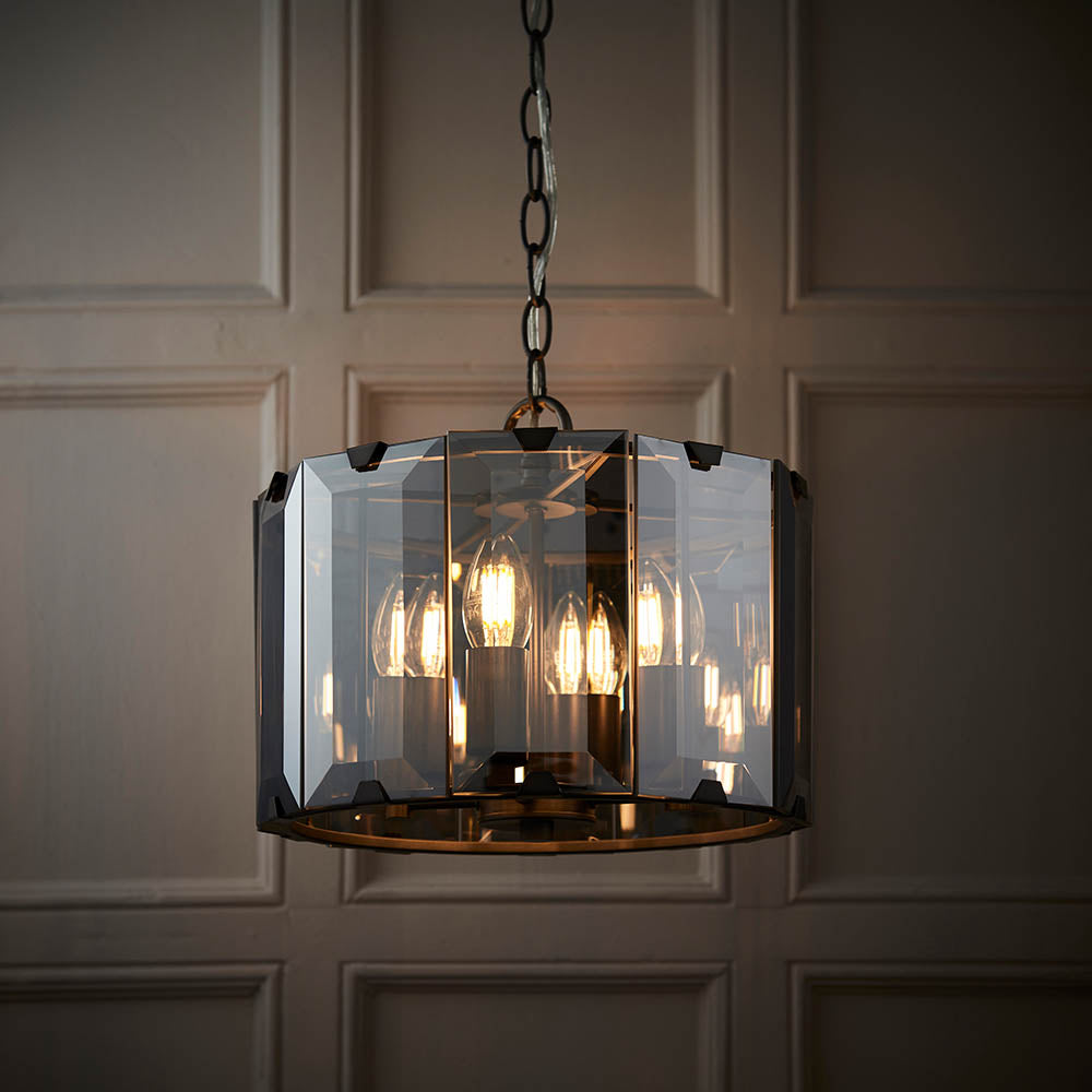 Endon Clooney 4 Light Pendant - Matt Grey & Silver & Smoked Bevelled Glass