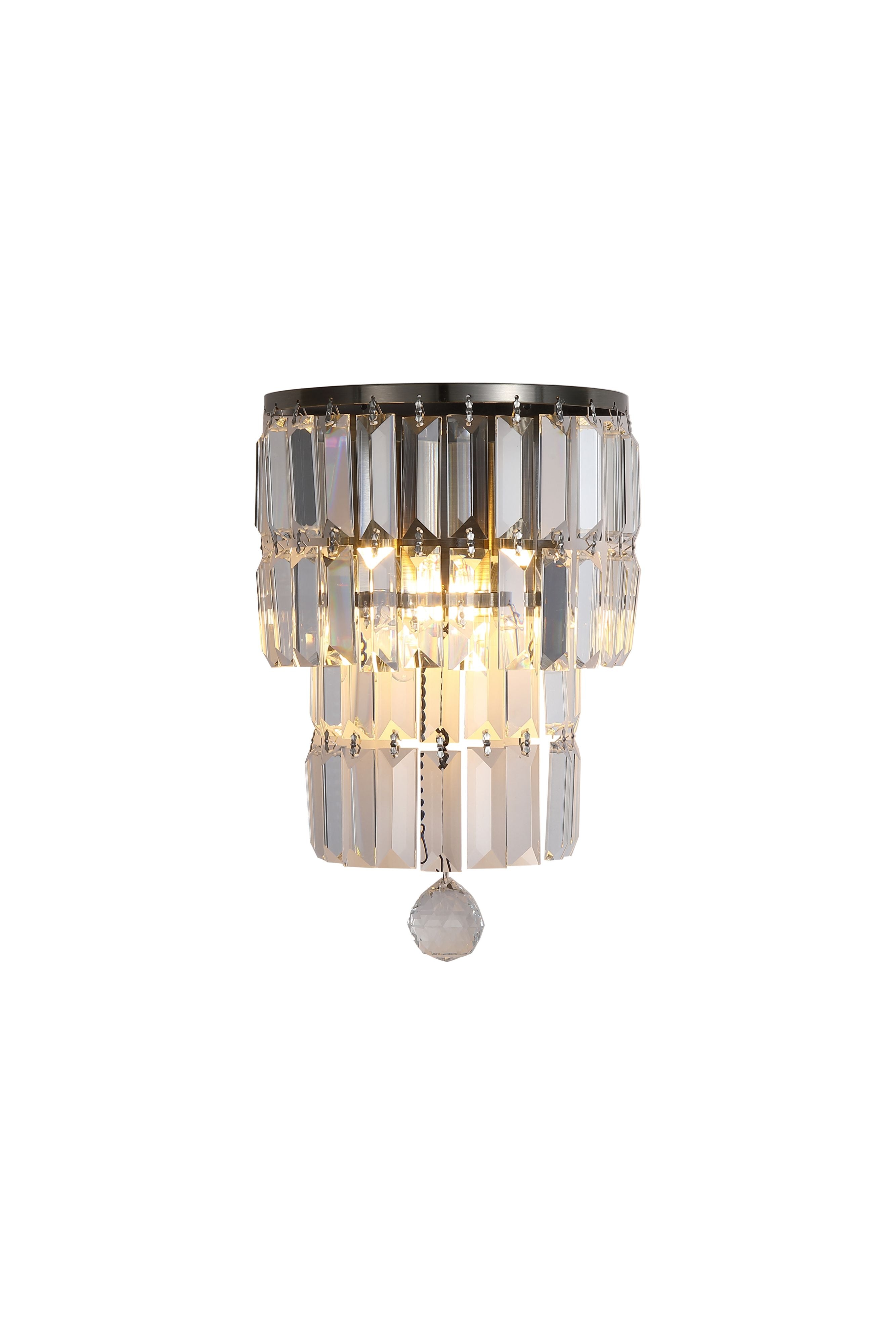 Searchlight Empire 2 Light Wall Light in antique brass and clear crystal, lit studio shot on a white background