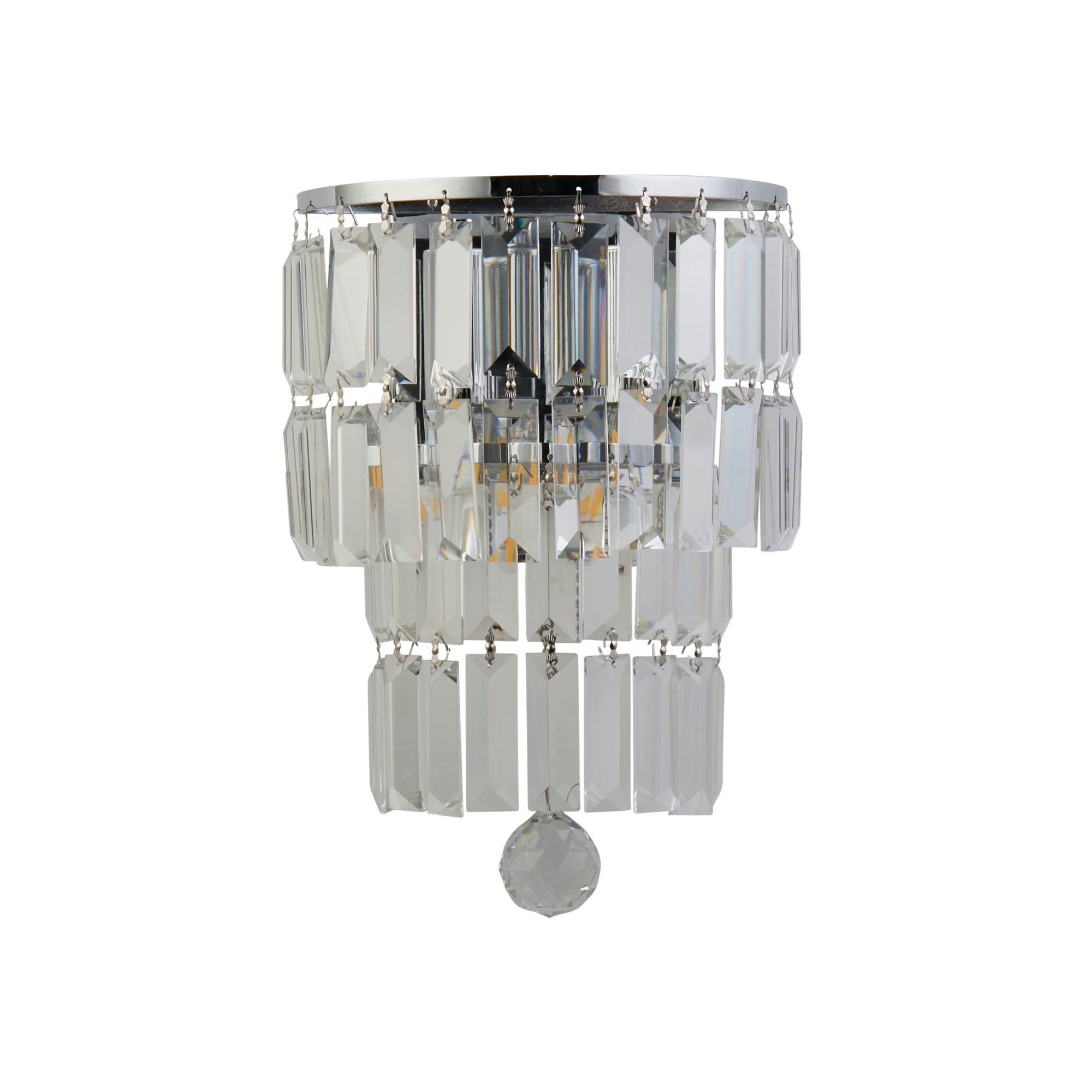 Searchlight Empire 2 light wall light in chrome and clear crystal, full front view on a plain studio background