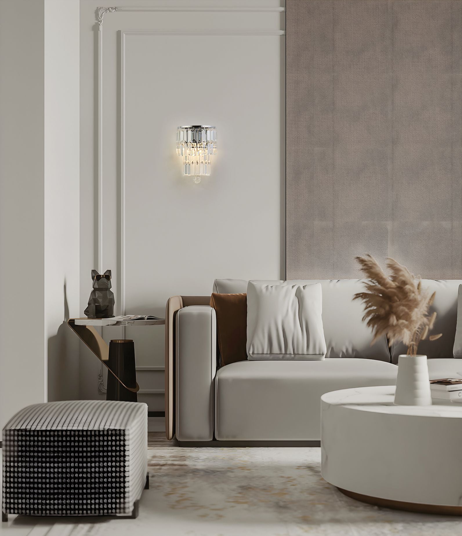 Searchlight Empire 2 light wall light in chrome and clear crystal mounted on a panelled wall above a sofa in a styled living room
