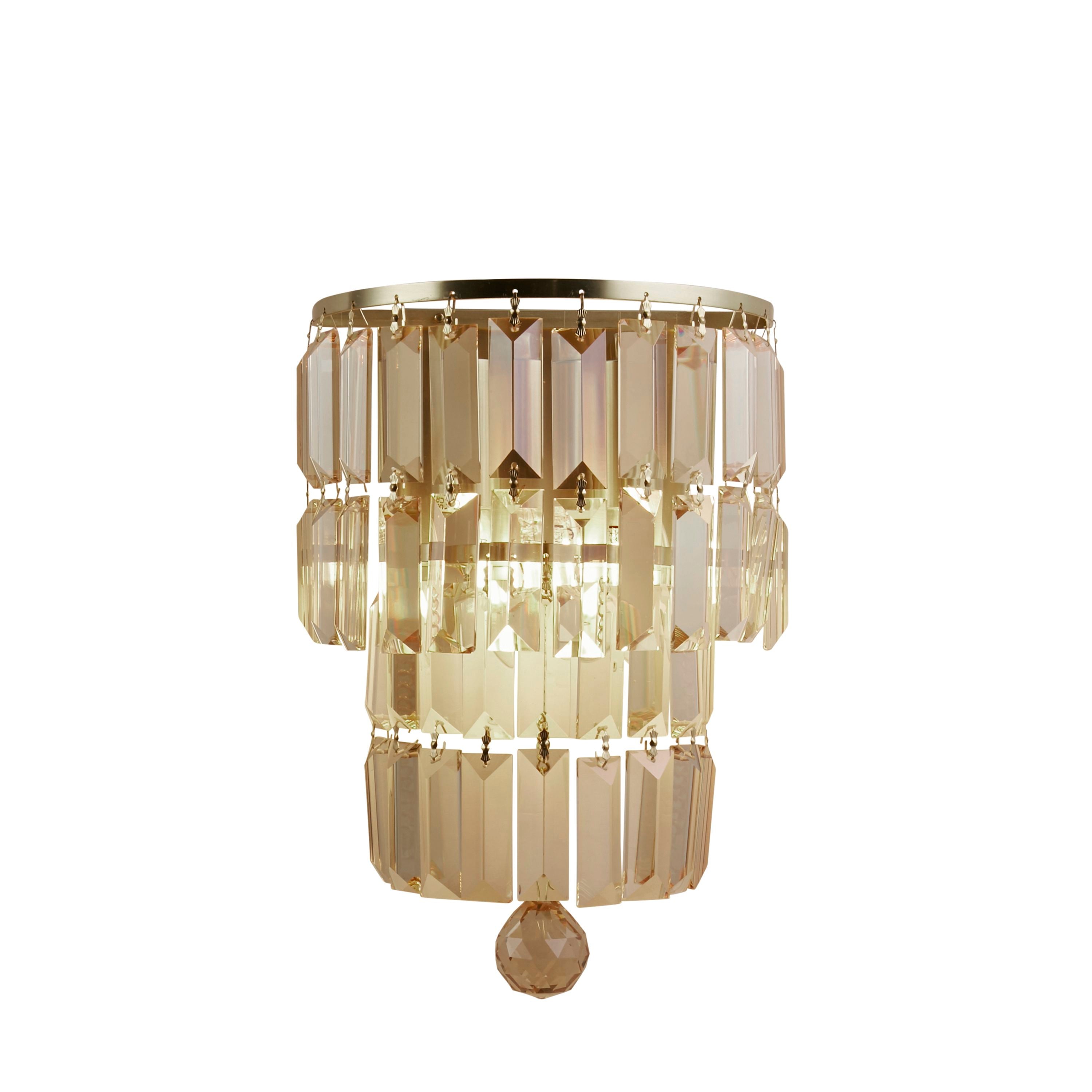 Searchlight Empire 2 light wall light in satin brass and champagne crystal, front view showing three tiers of champagne toned crystal prisms and a faceted ball drop