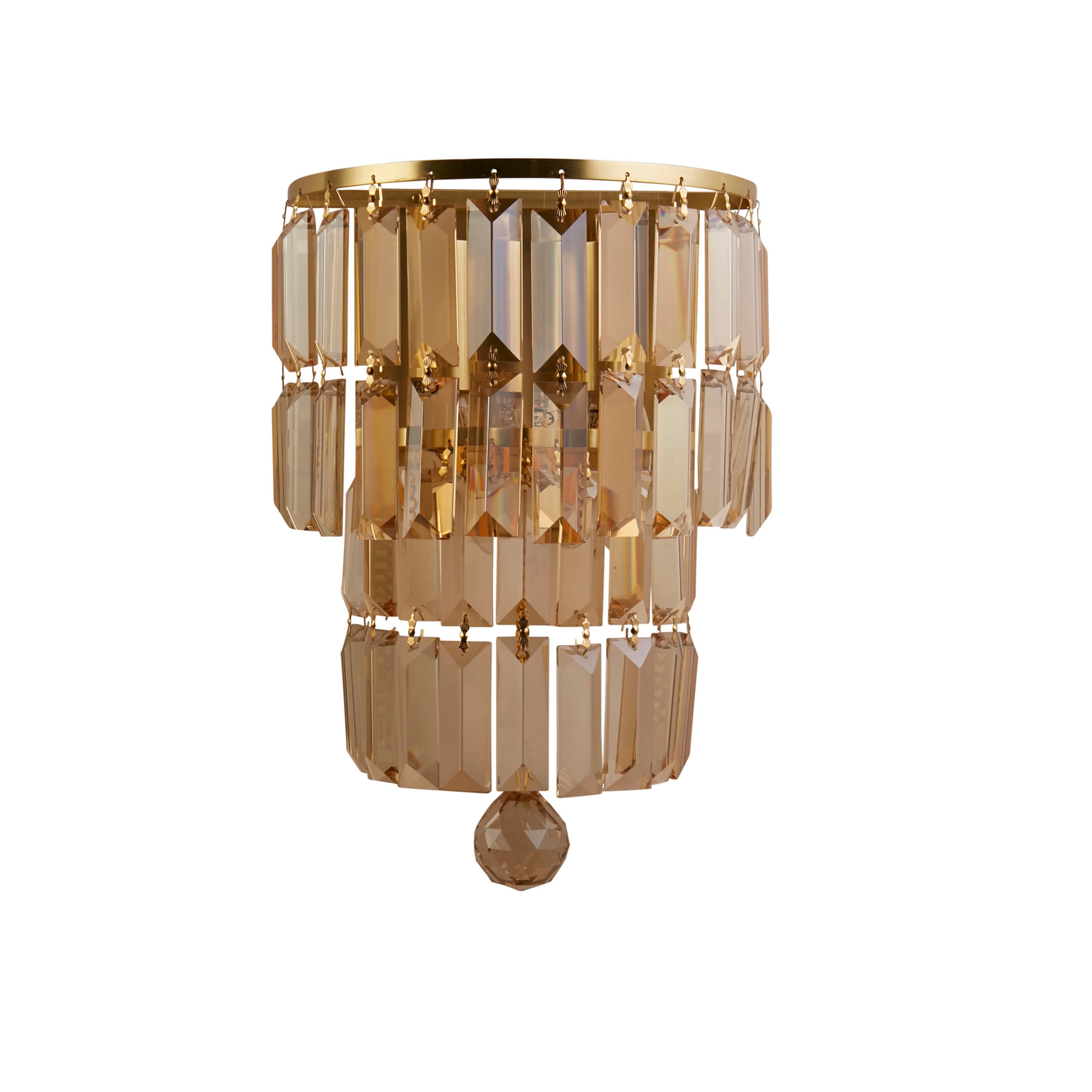 Searchlight Empire 2 light wall light in satin brass and champagne crystal, full front view on a plain studio background
