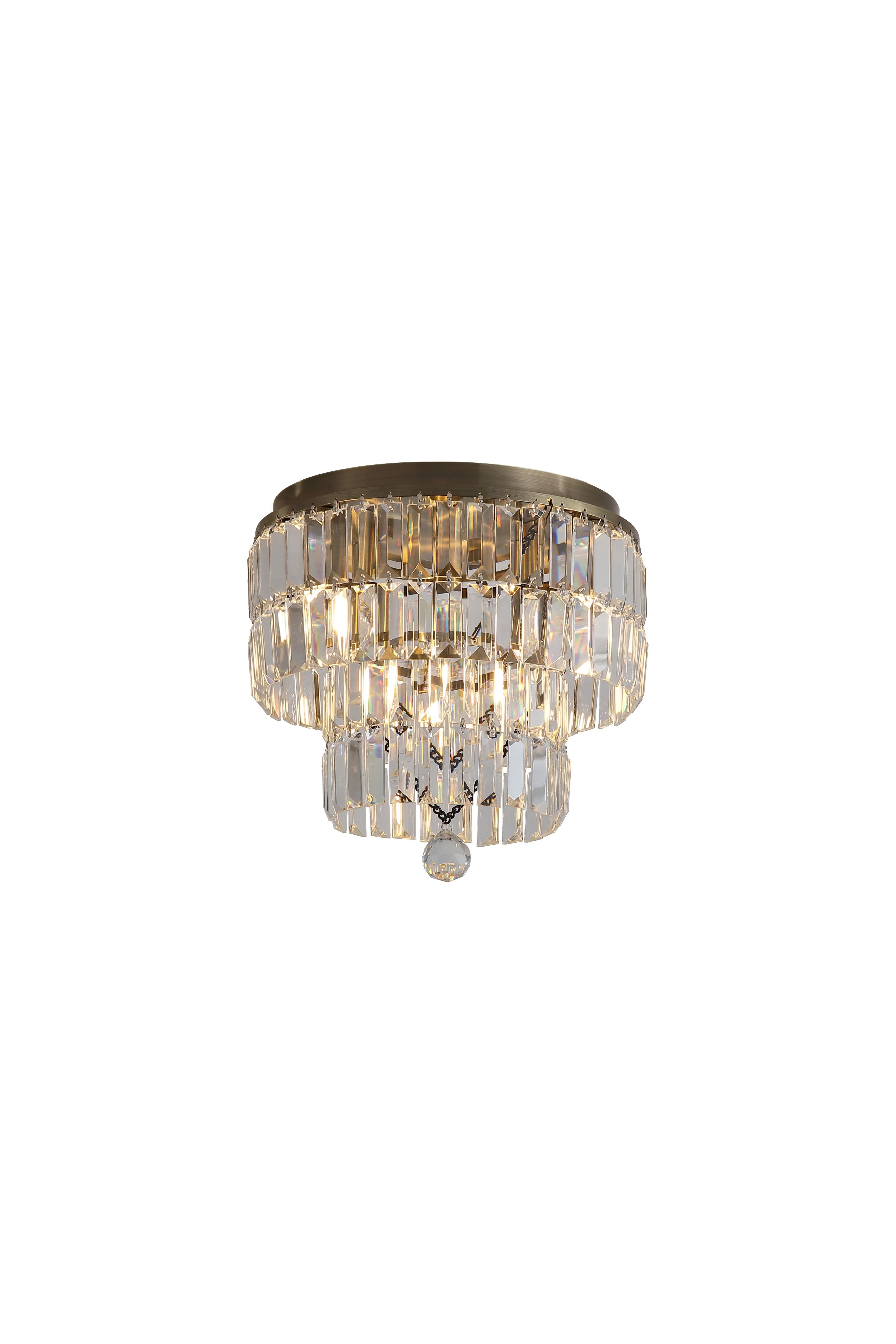 Searchlight Empire 4 Light Flush ceiling light in antique brass and clear crystal, lit studio shot