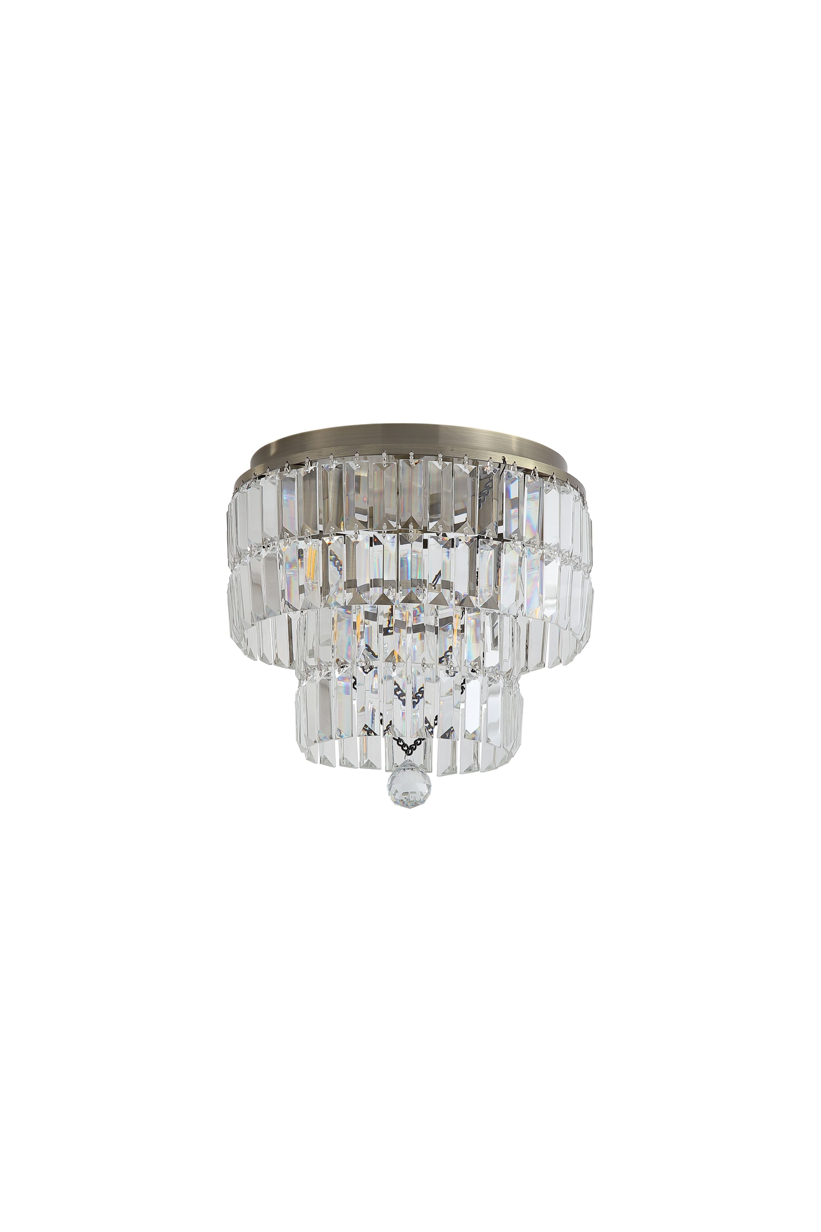 Searchlight Empire 4 Light Flush ceiling light in antique brass and clear crystal, unlit studio shot