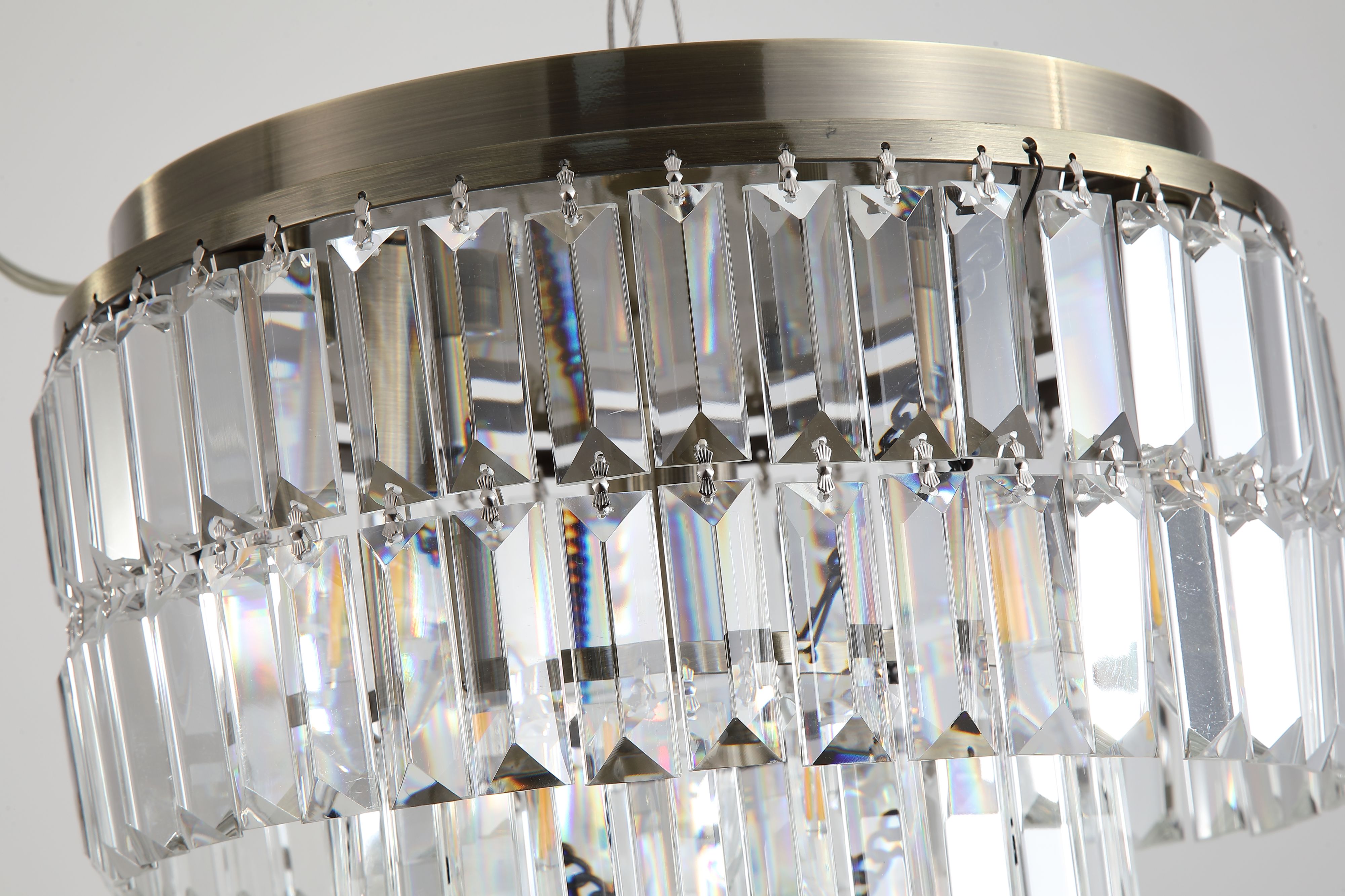 Close up of the crystal tiers and brass fixings on the Empire 4 Light Flush