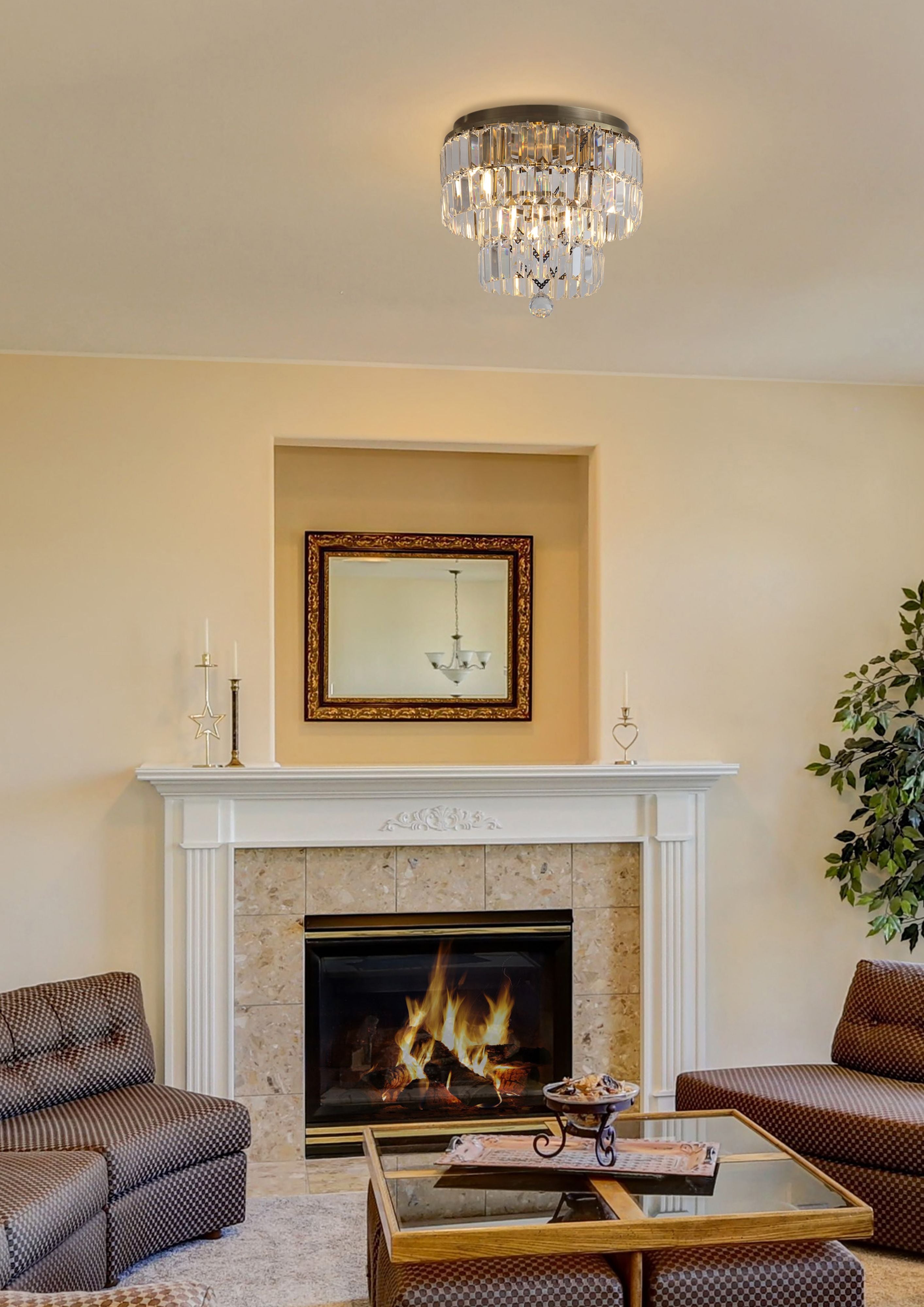 Empire 4 Light Flush lit on the ceiling above a fireplace in a styled living room