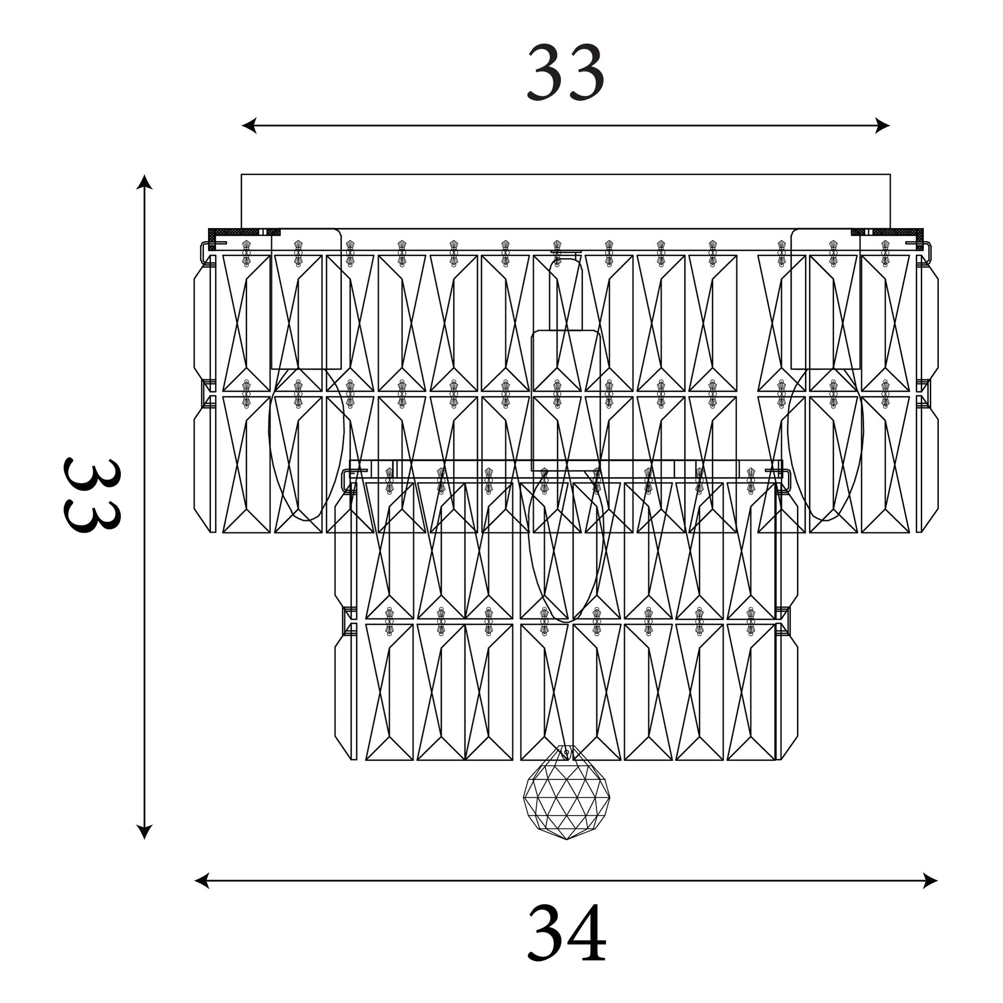 Technical line drawing of the Empire 4 Light Flush showing dimensions of 33cm height by 34cm width