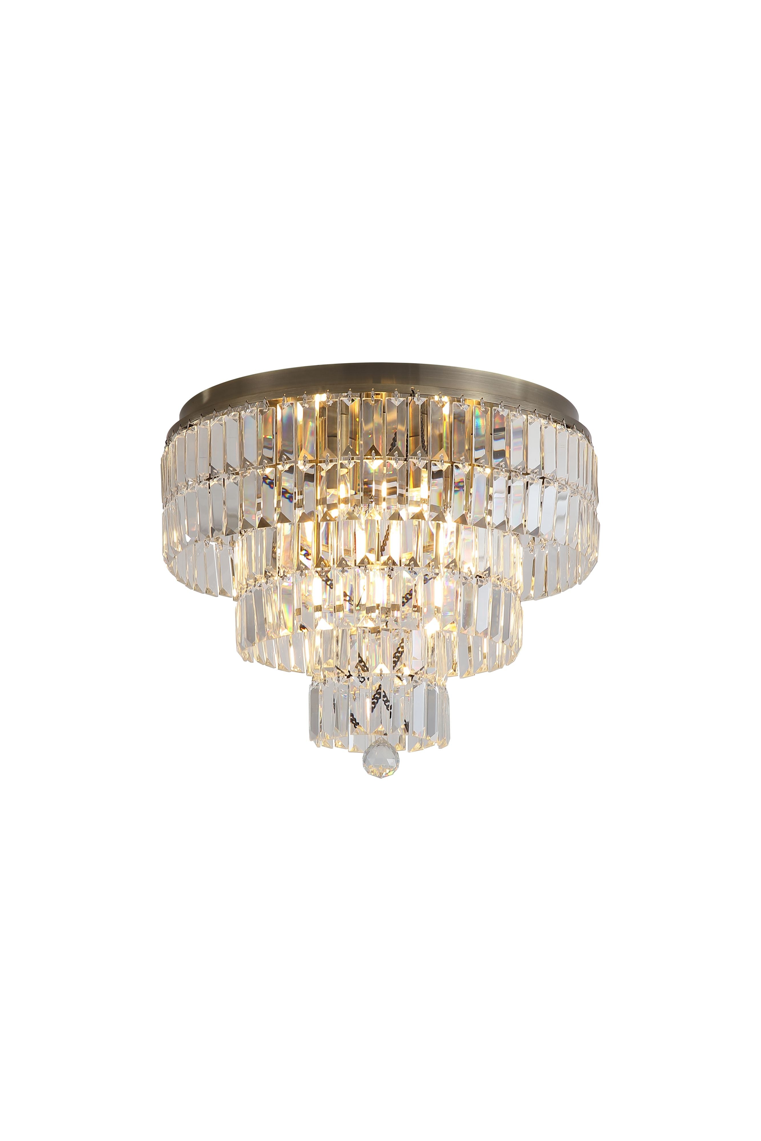 Searchlight Empire 6 Light Flush ceiling light in antique brass and clear crystal, lit studio shot