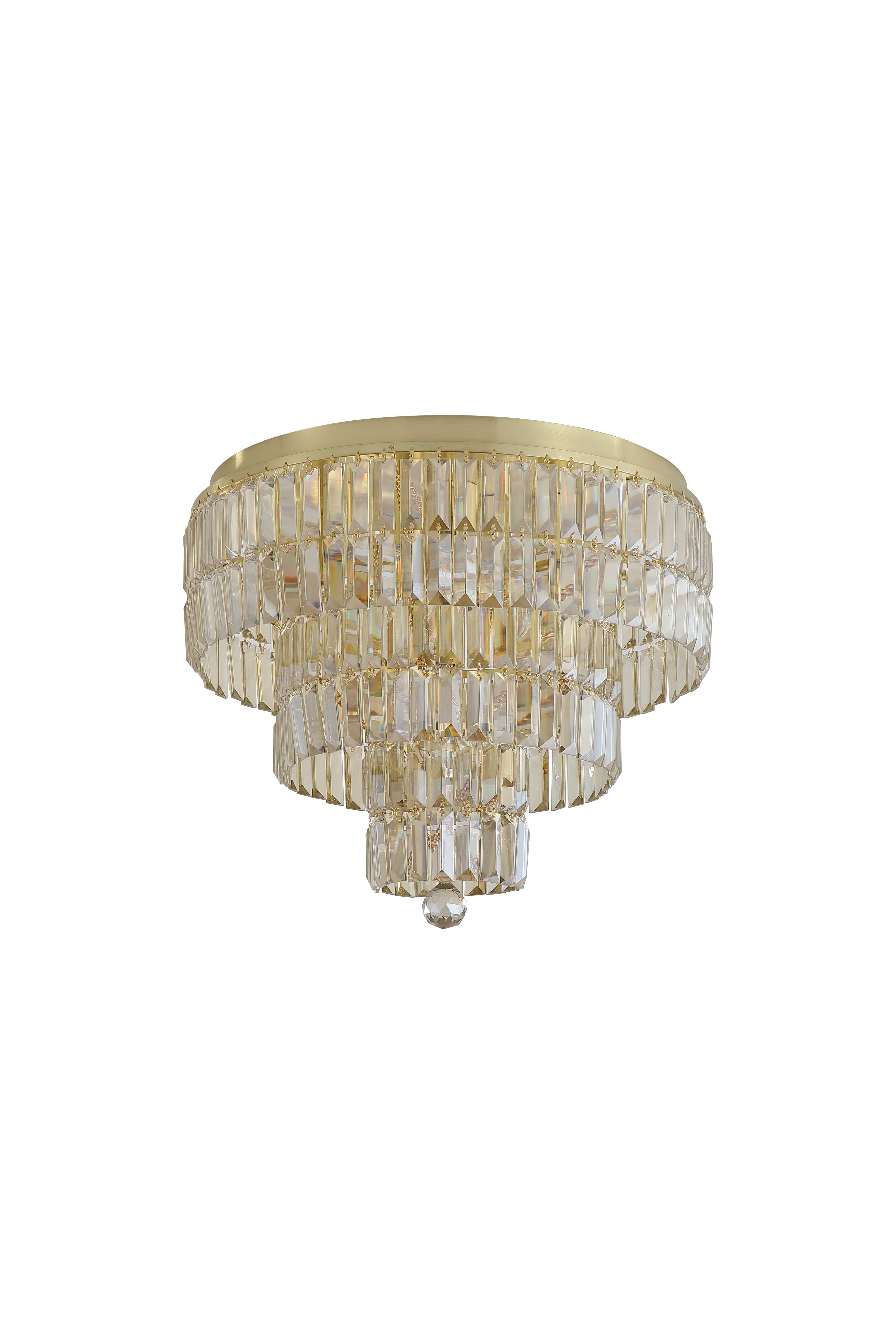 Searchlight Empire 6 light flush ceiling light in satin brass and champagne glass, full front view on a plain studio background