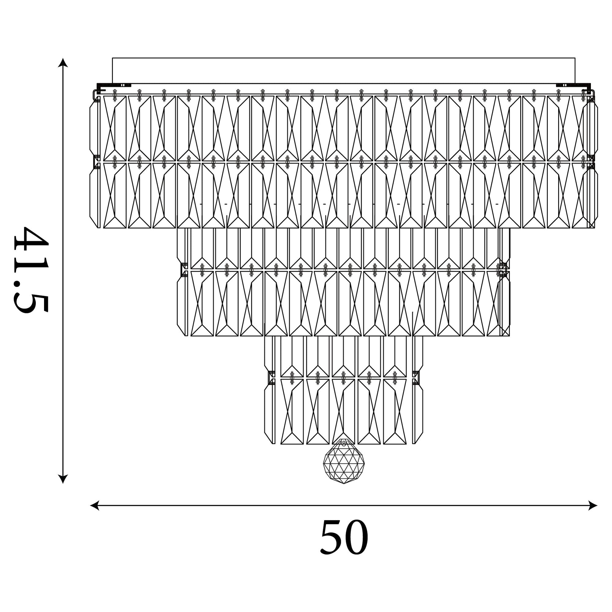 Technical line drawing of the Searchlight Empire 6 light flush ceiling light showing dimensions, 41.5cm height, 50cm width