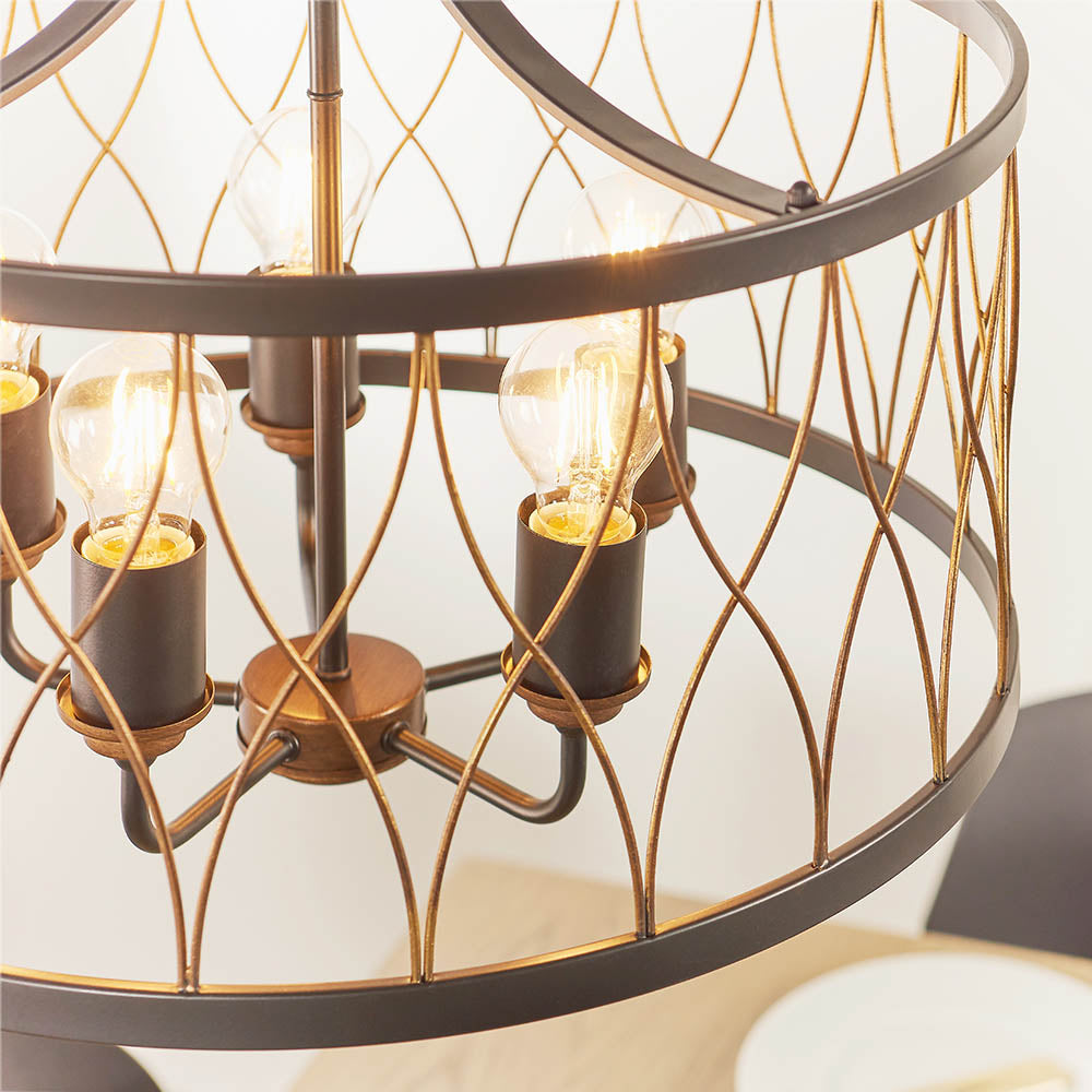 Endon Heston 5 Light Pendant - Matt Black & Rustic Bronze Paint