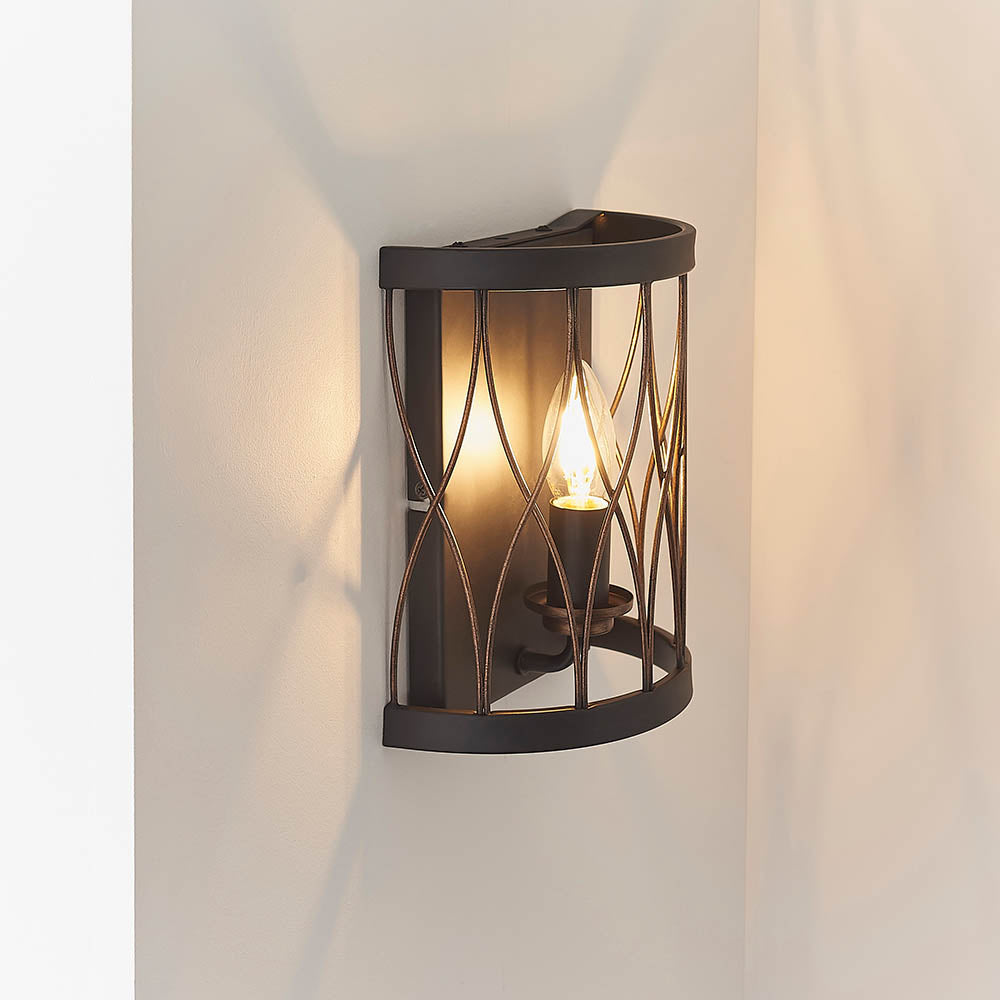 Endon Heston Single Light Wall Light - Matt Black & Rustic Bronze Paint
