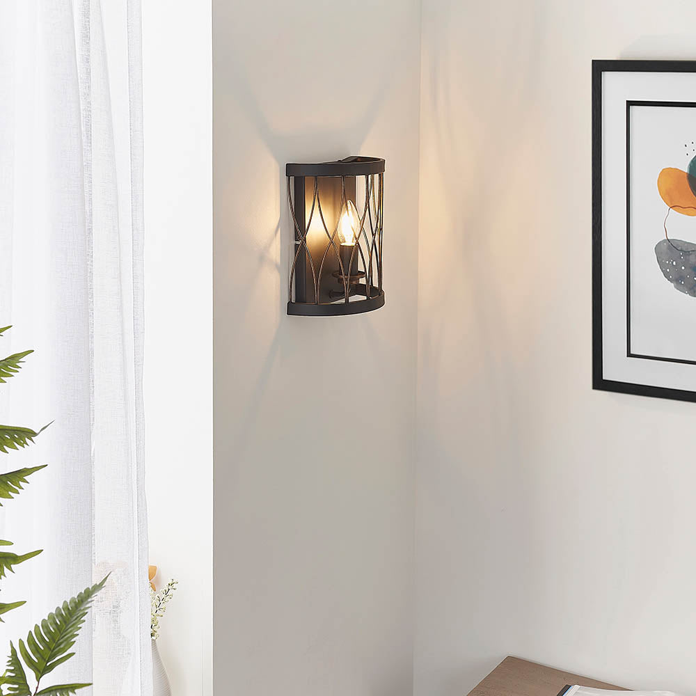 Endon Heston Single Light Wall Light - Matt Black & Rustic Bronze Paint