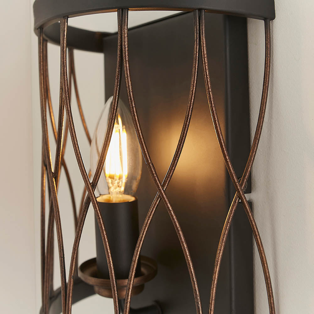Endon Heston Single Light Wall Light - Matt Black & Rustic Bronze Paint