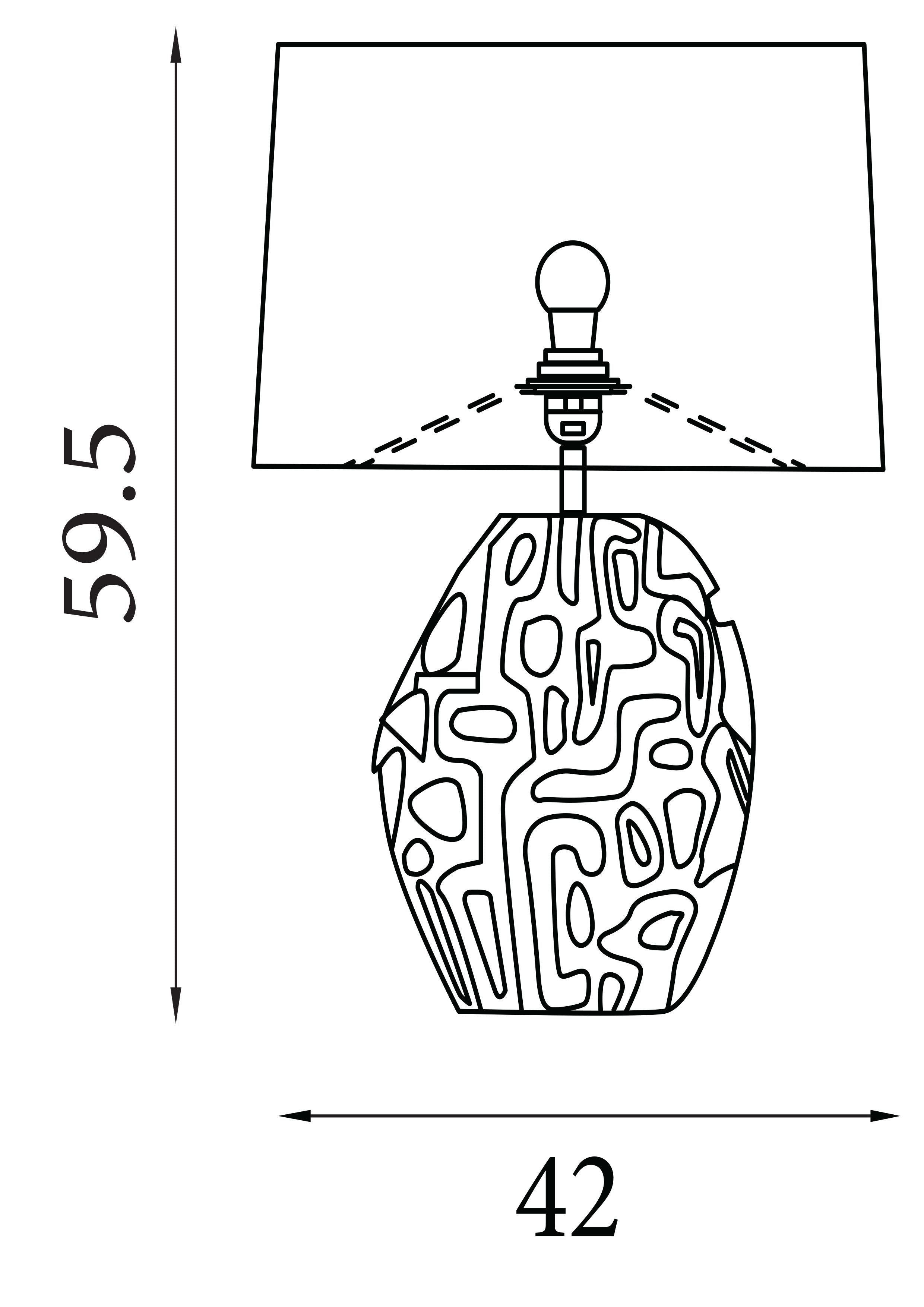Technical line drawing of the Adelaide table lamp showing dimensions of 59.5cm height by 42cm width